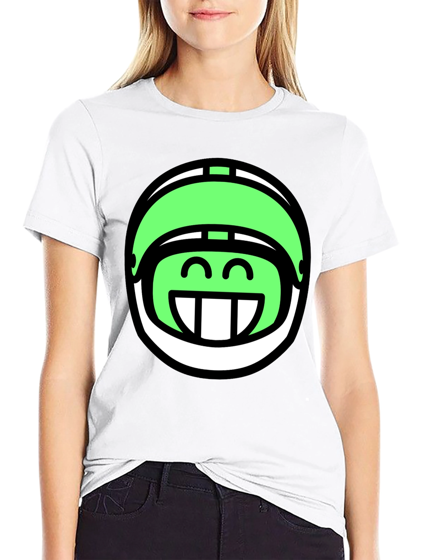 Funny Green Helmet Graphic Tee - Black Cotton T-Shirt