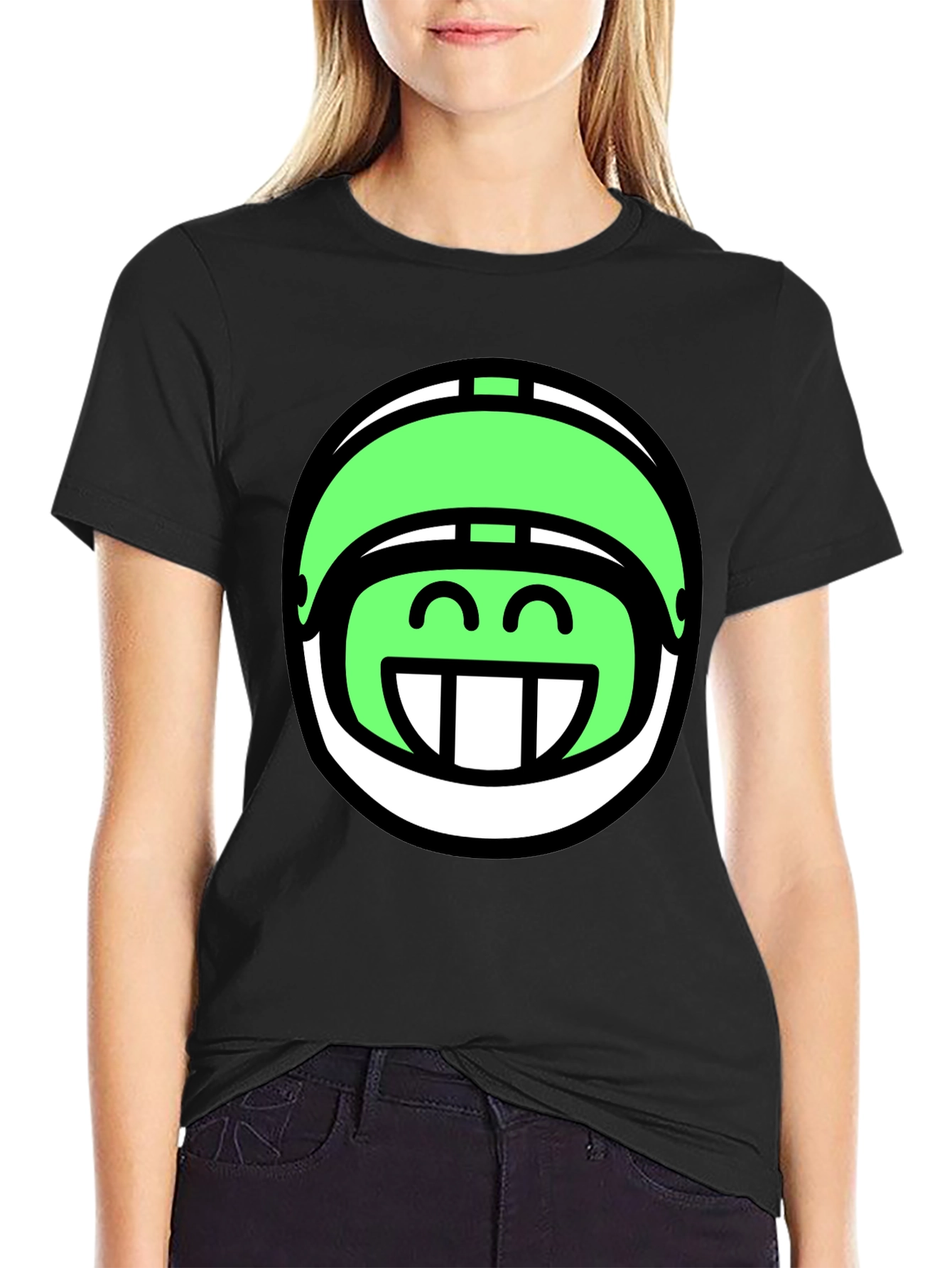 Funny Green Helmet Graphic Tee - Black Cotton T-Shirt