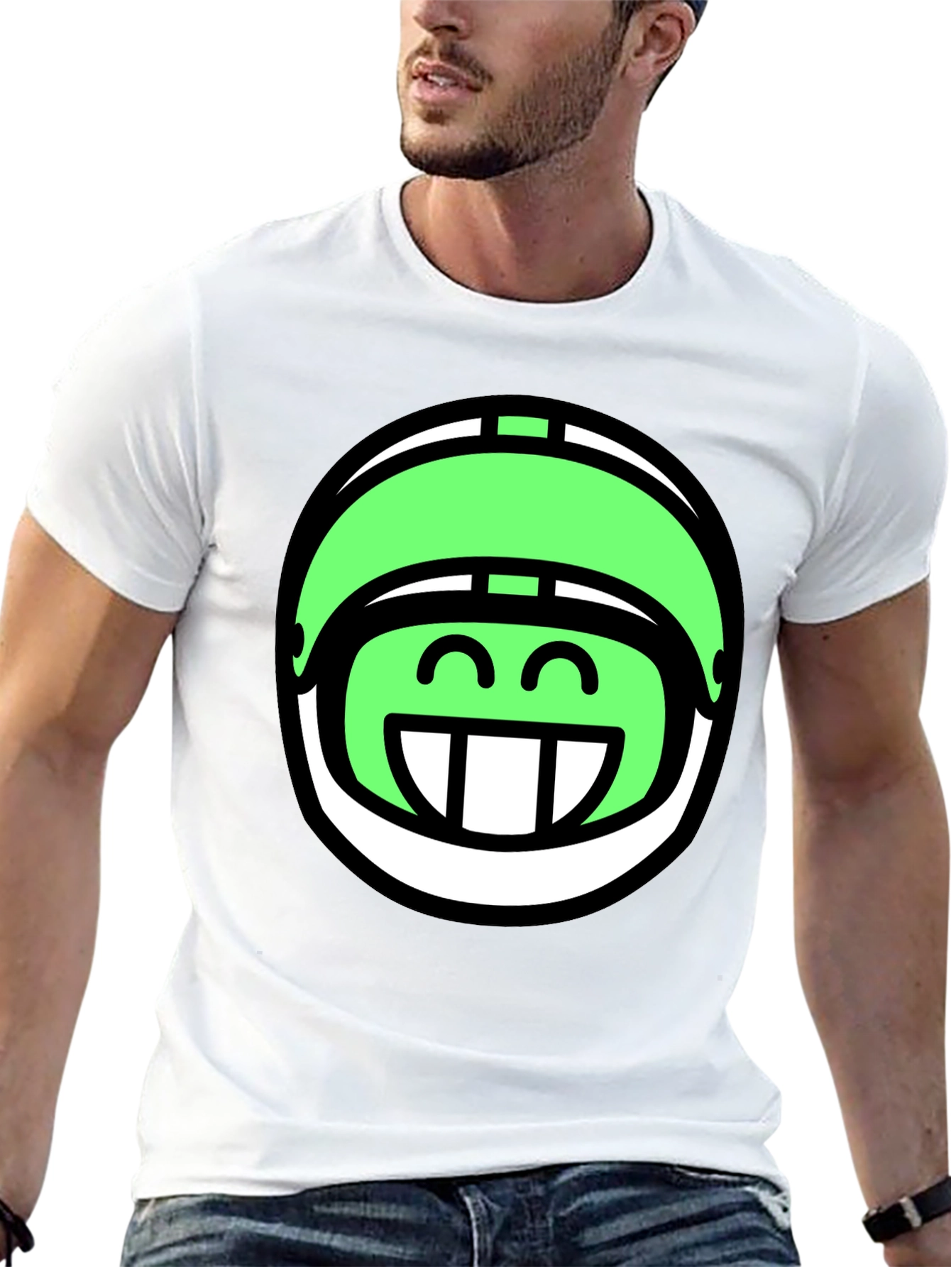 Funny Green Helmet Graphic Tee - Black Cotton T-Shirt