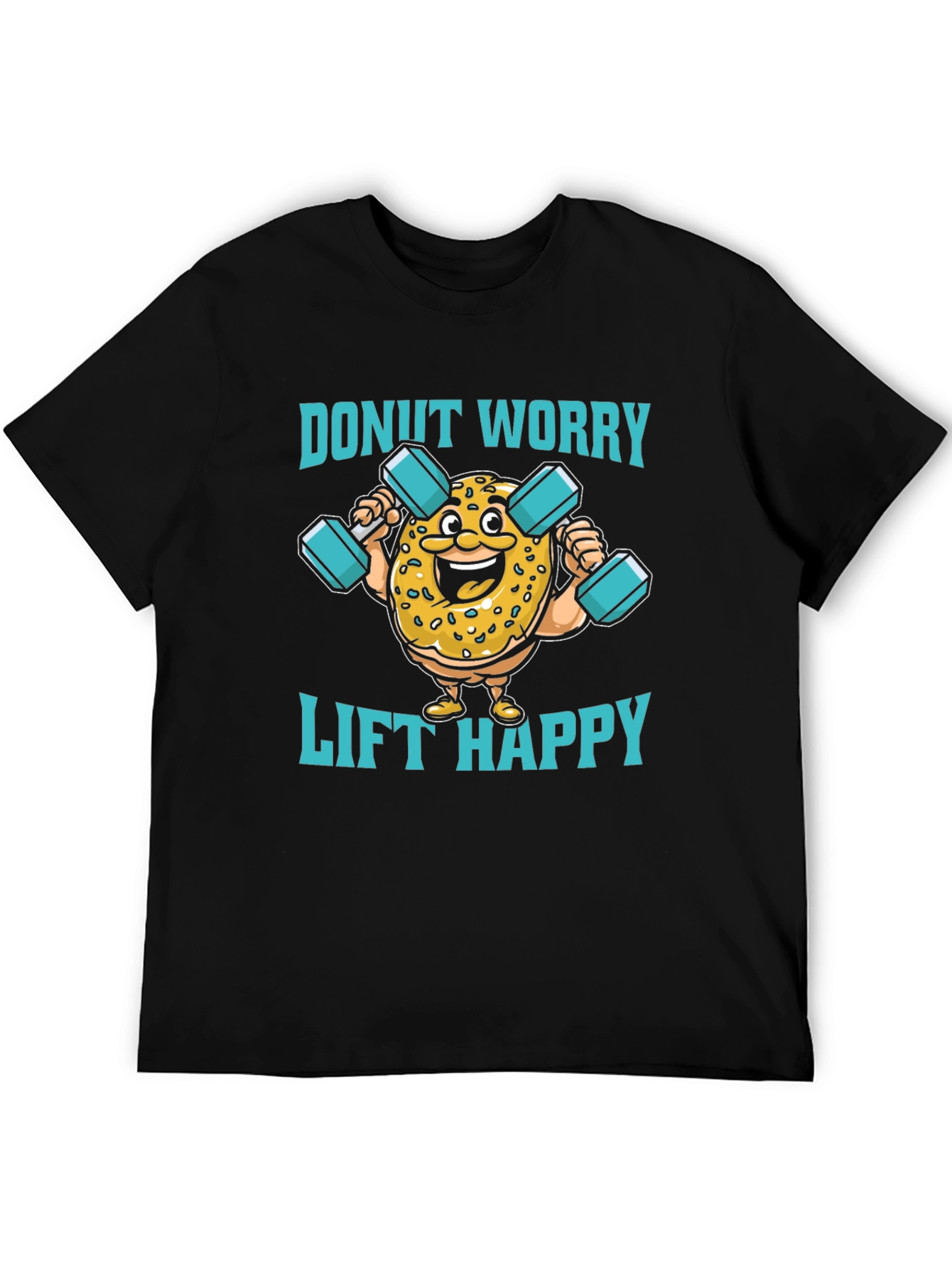 Donut Worry Lift Happy Black Graphic T-Shirt