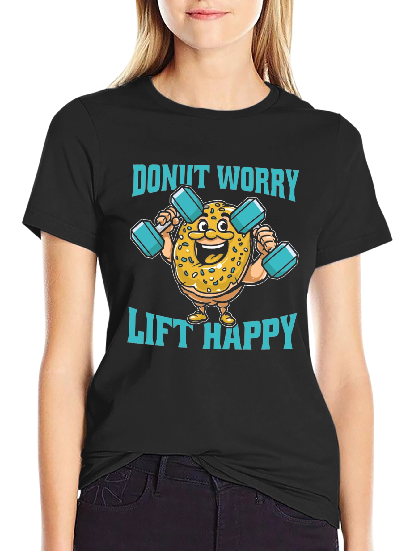 Donut Worry Lift Happy Black Graphic T-Shirt