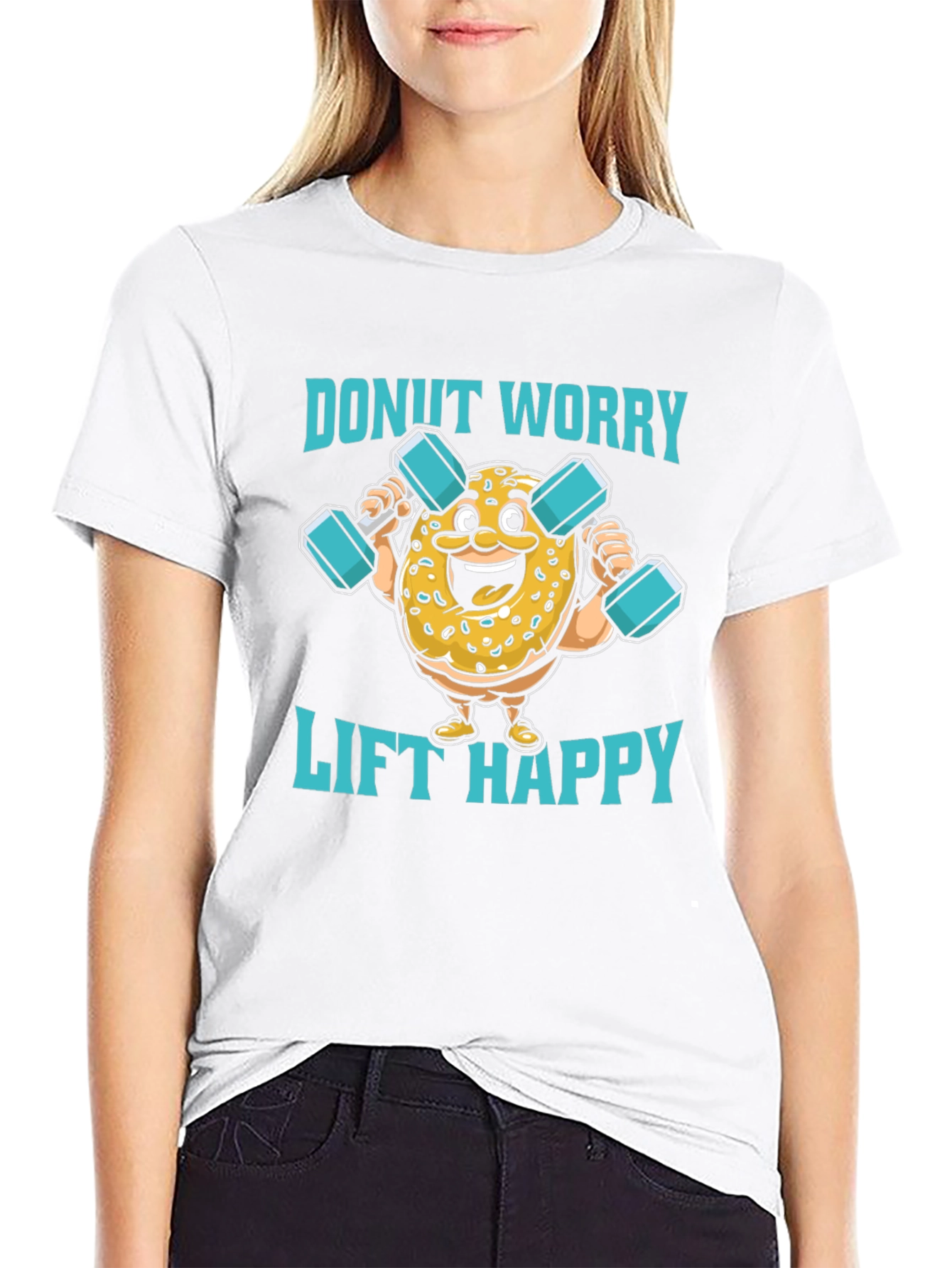 Donut Worry Lift Happy Black Graphic T-Shirt
