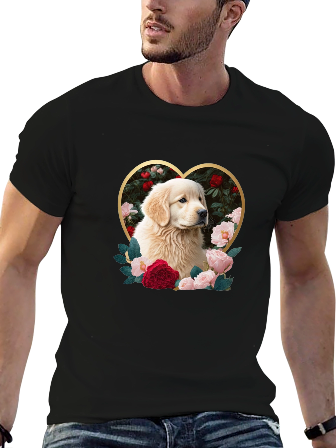 Golden Retriever Heart Roses Graphic T-Shirt