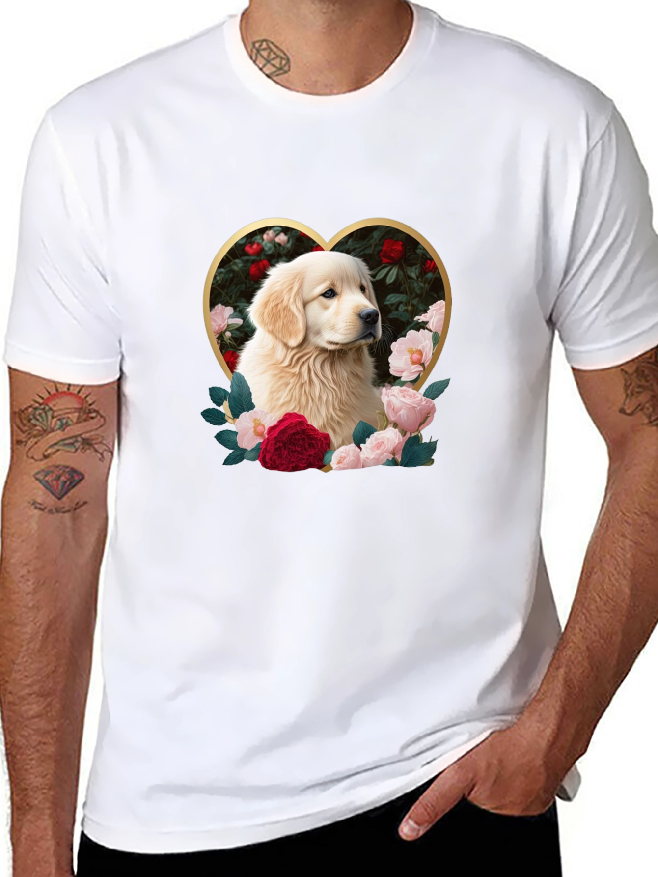 Golden Retriever Heart Roses Graphic T-Shirt