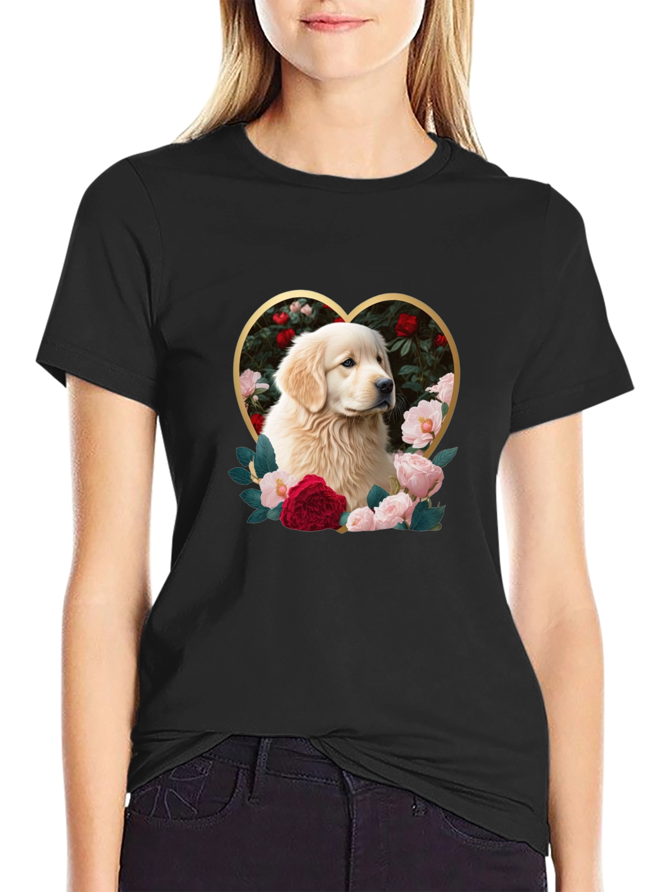 Golden Retriever Heart Roses Graphic T-Shirt