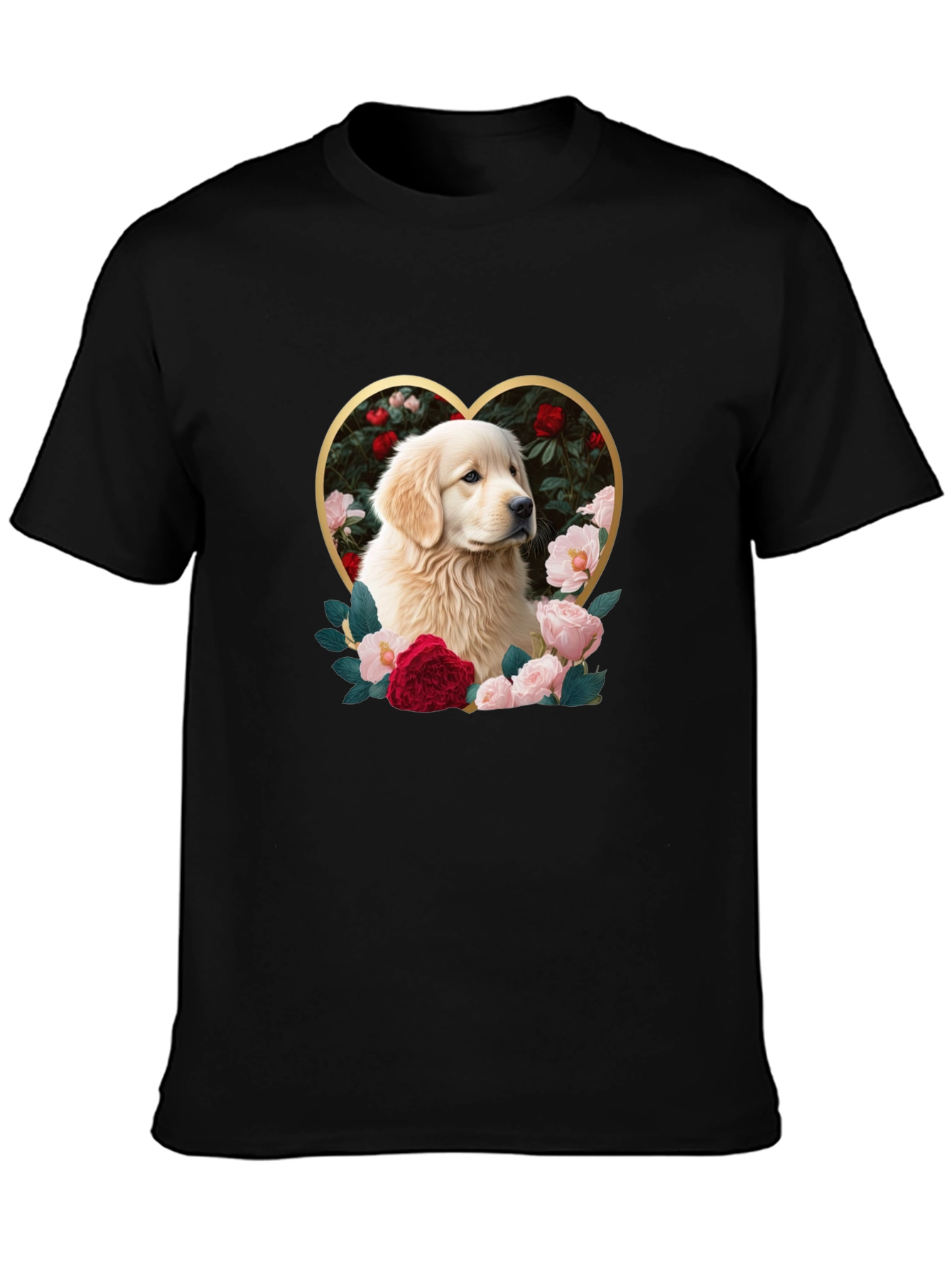 Golden Retriever Heart Roses Graphic T-Shirt