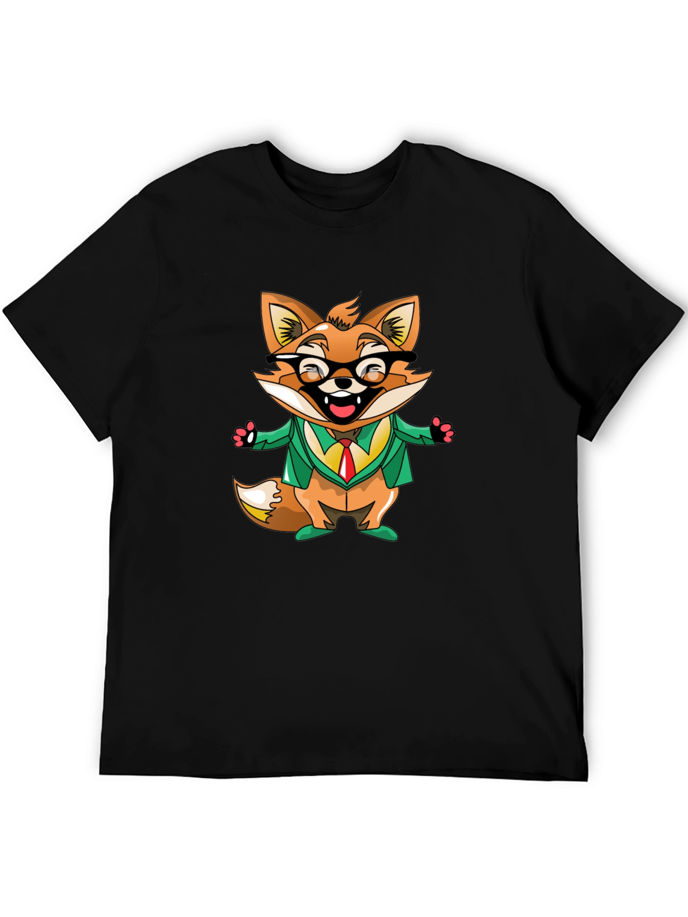 Cartoon Fox with Glasses Black T-Shirt