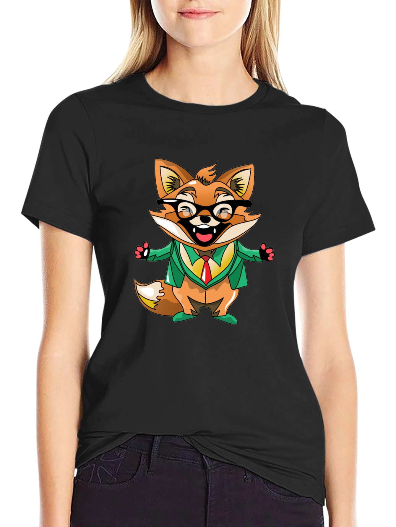 Cartoon Fox with Glasses Black T-Shirt