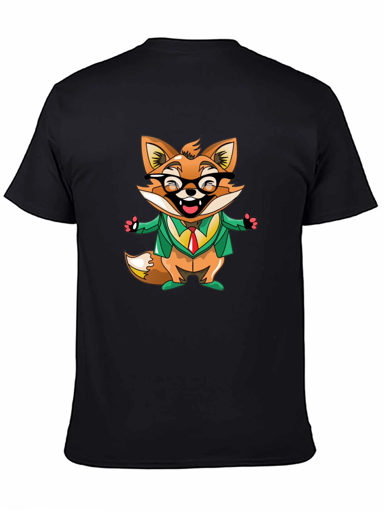 Cartoon Fox with Glasses Black T-Shirt