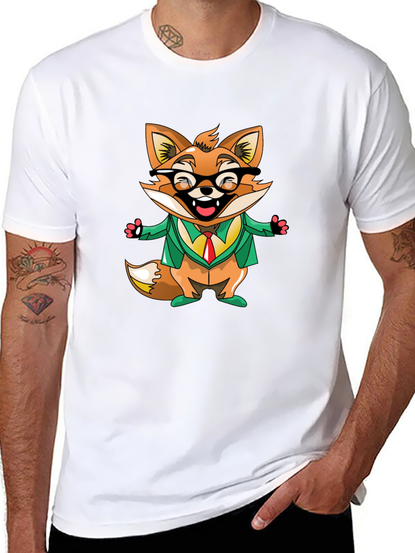 Cartoon Fox with Glasses Black T-Shirt
