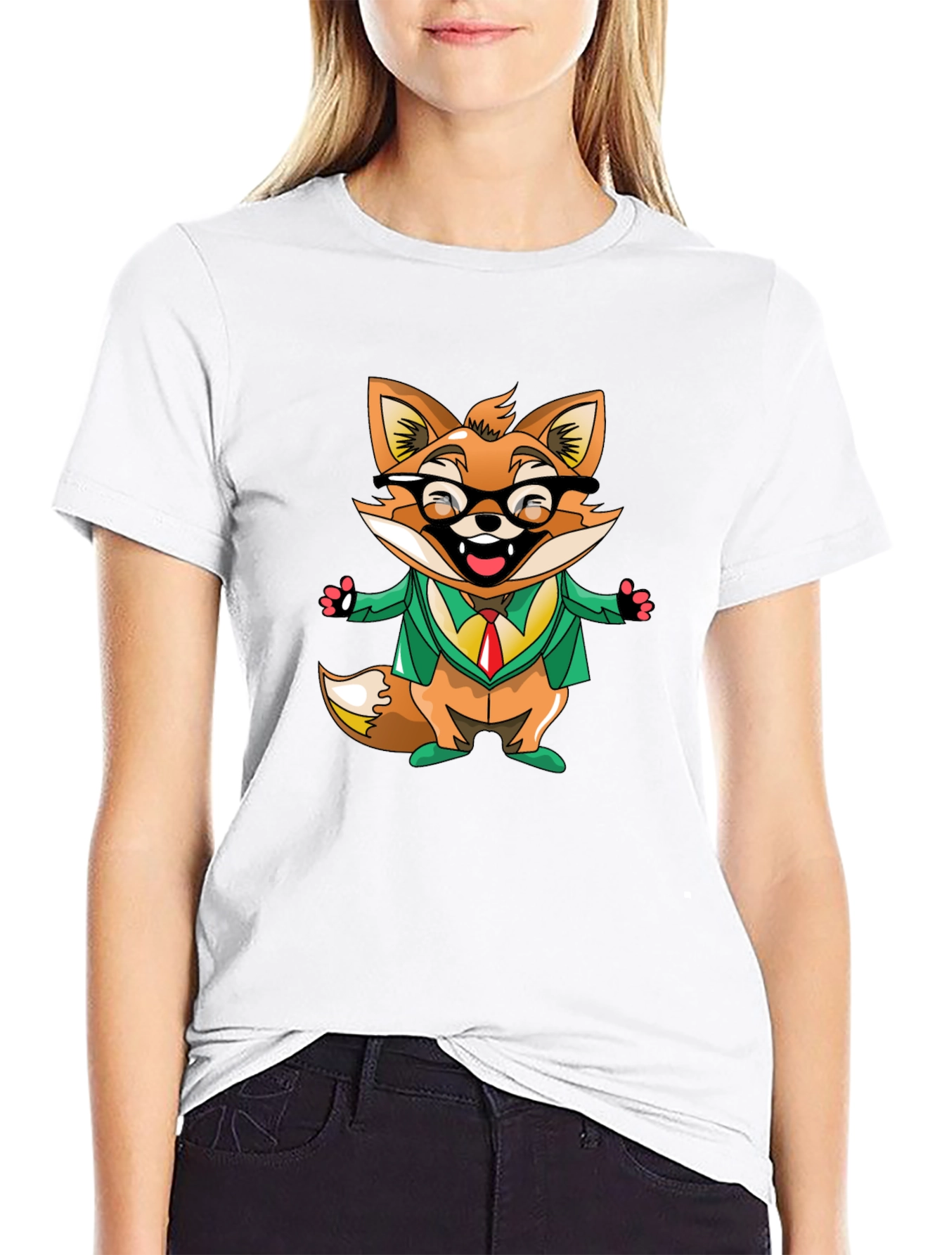 Cartoon Fox with Glasses Black T-Shirt