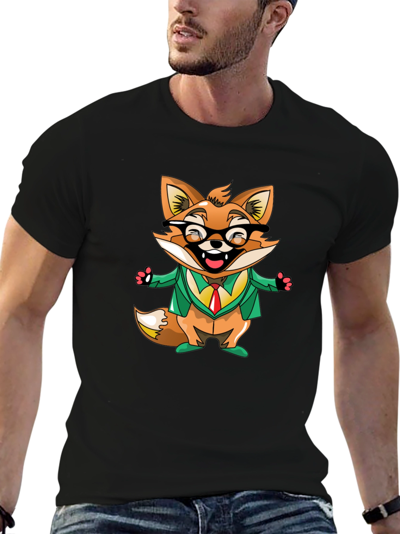Cartoon Fox with Glasses Black T-Shirt