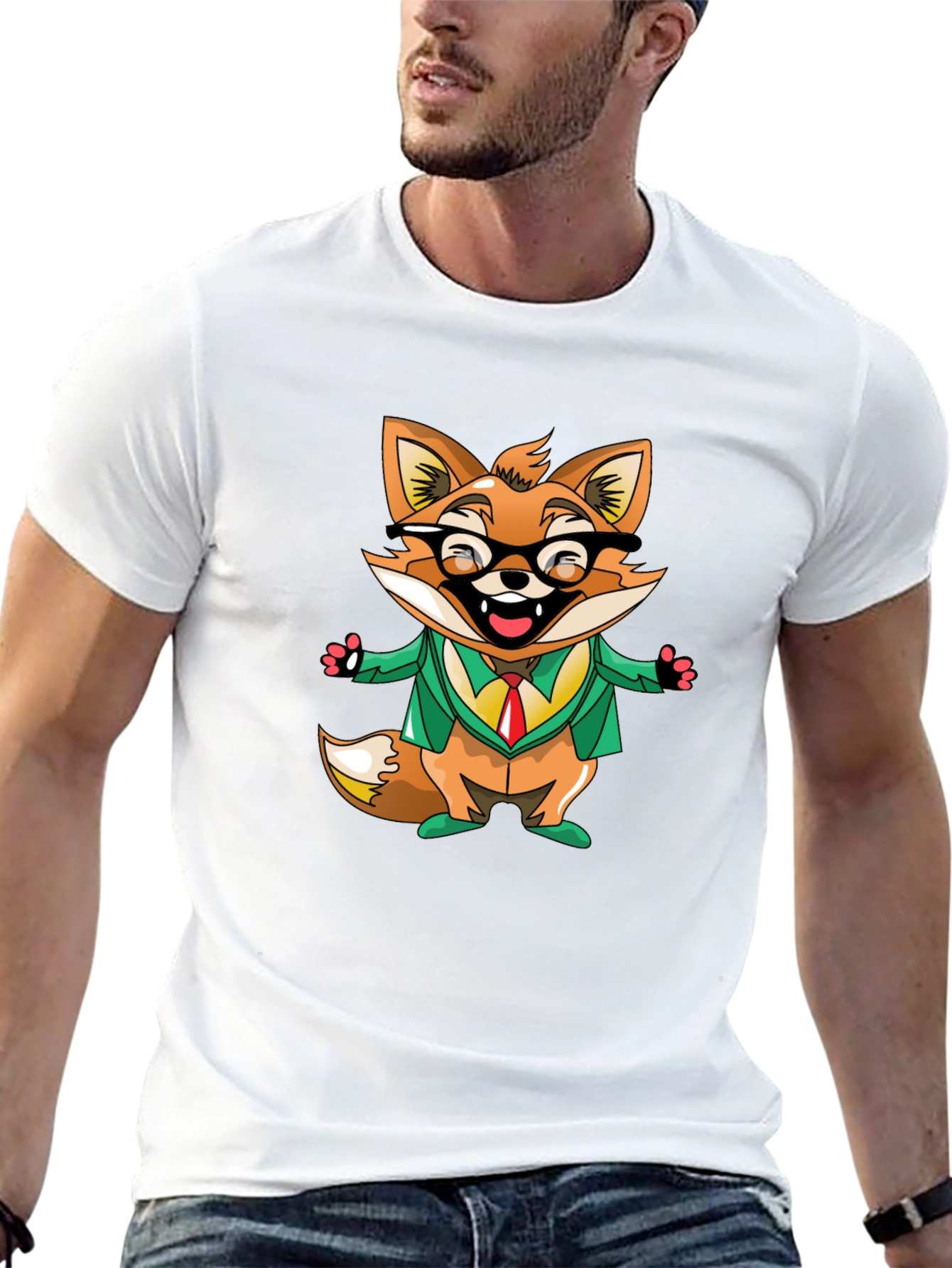 Cartoon Fox with Glasses Black T-Shirt