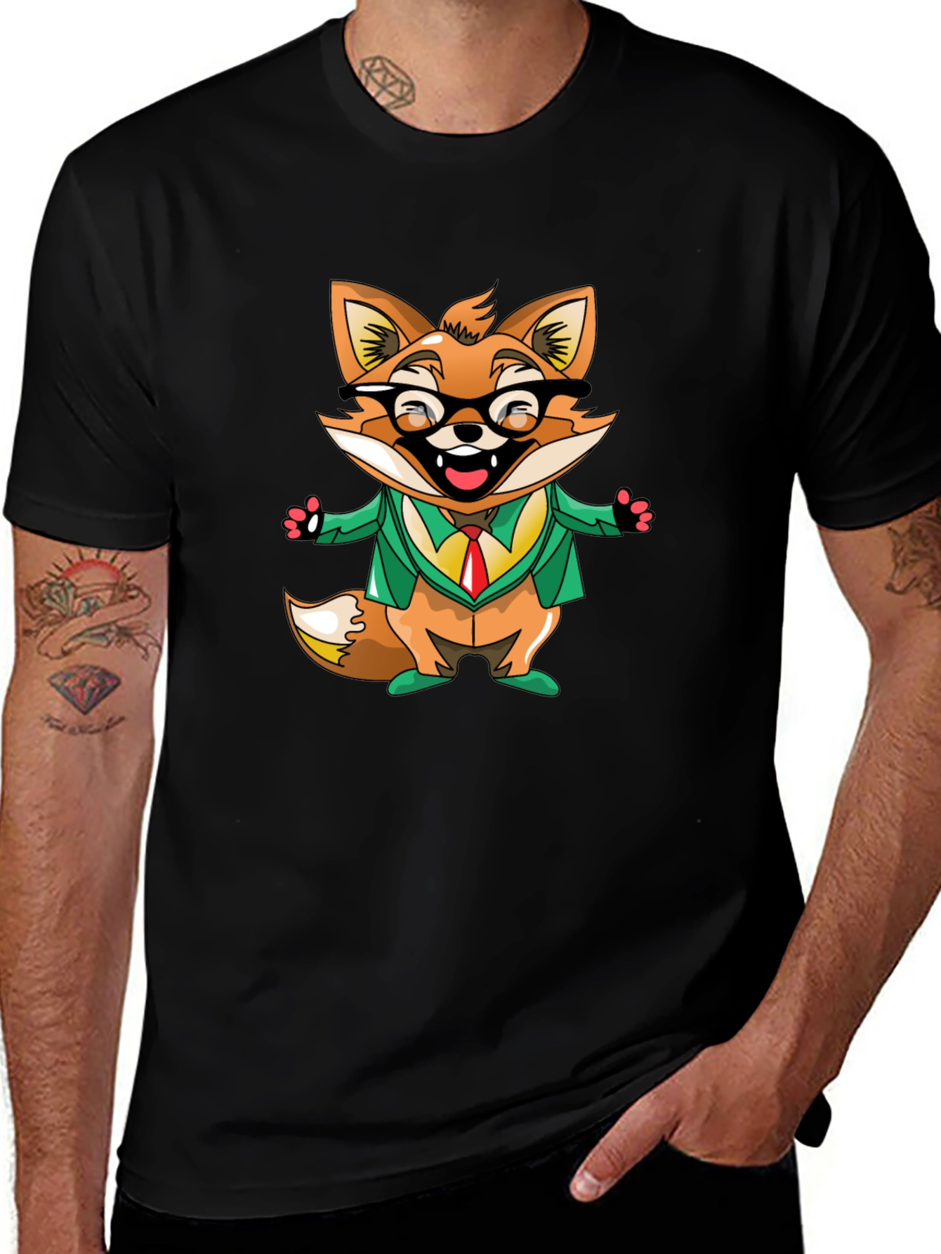 Cartoon Fox with Glasses Black T-Shirt
