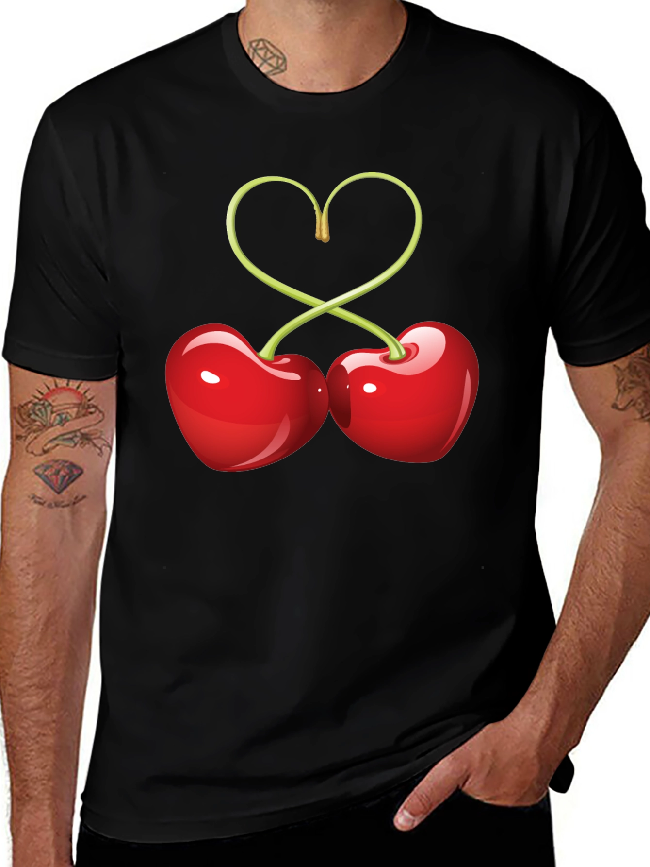 Heart Cherries Graphic Tee - Black Cotton T-Shirt