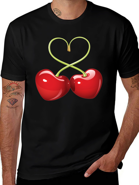 Heart Cherries Graphic Tee - Black Cotton T-Shirt