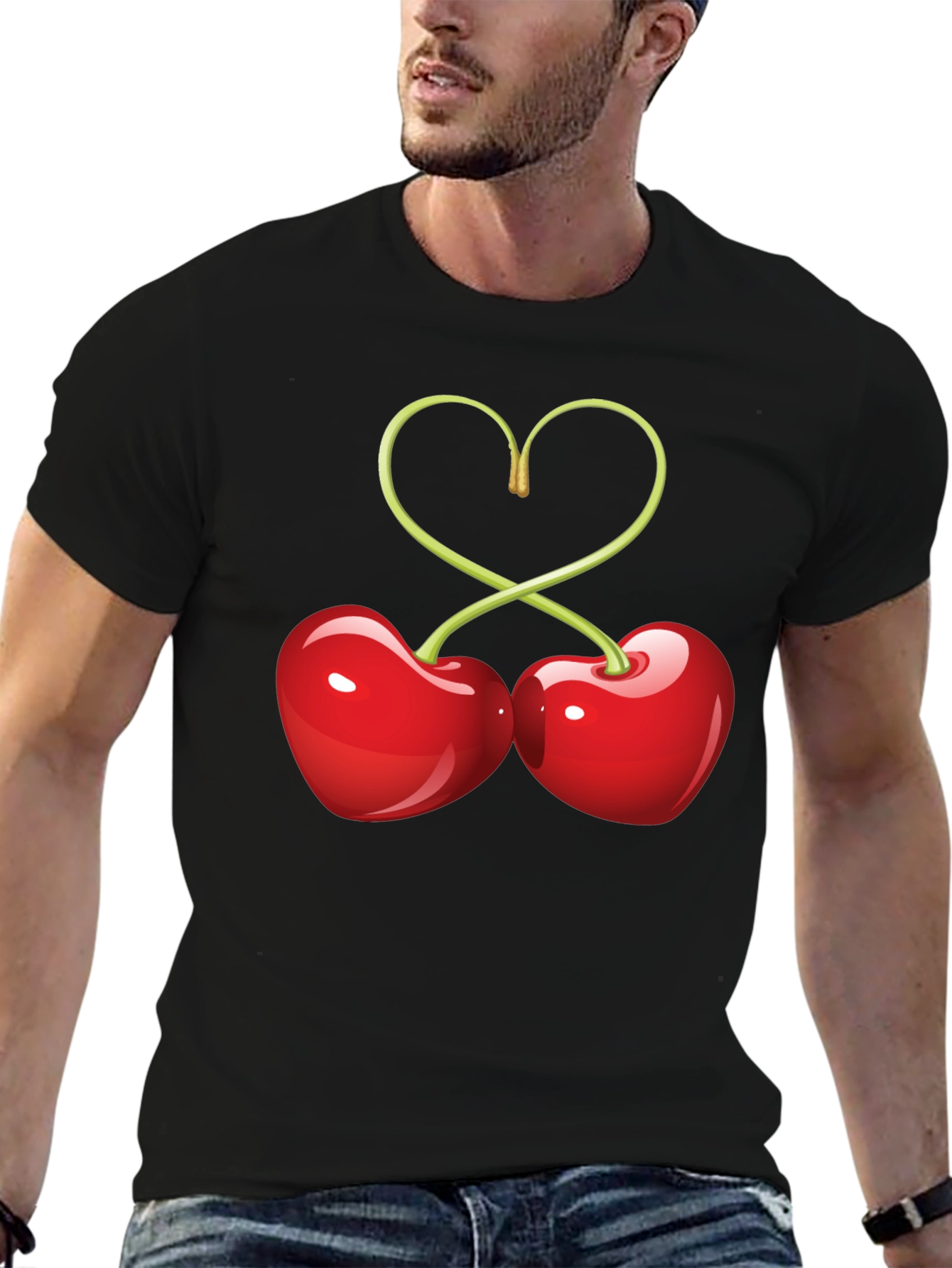 Heart Cherries Graphic Tee - Black Cotton T-Shirt