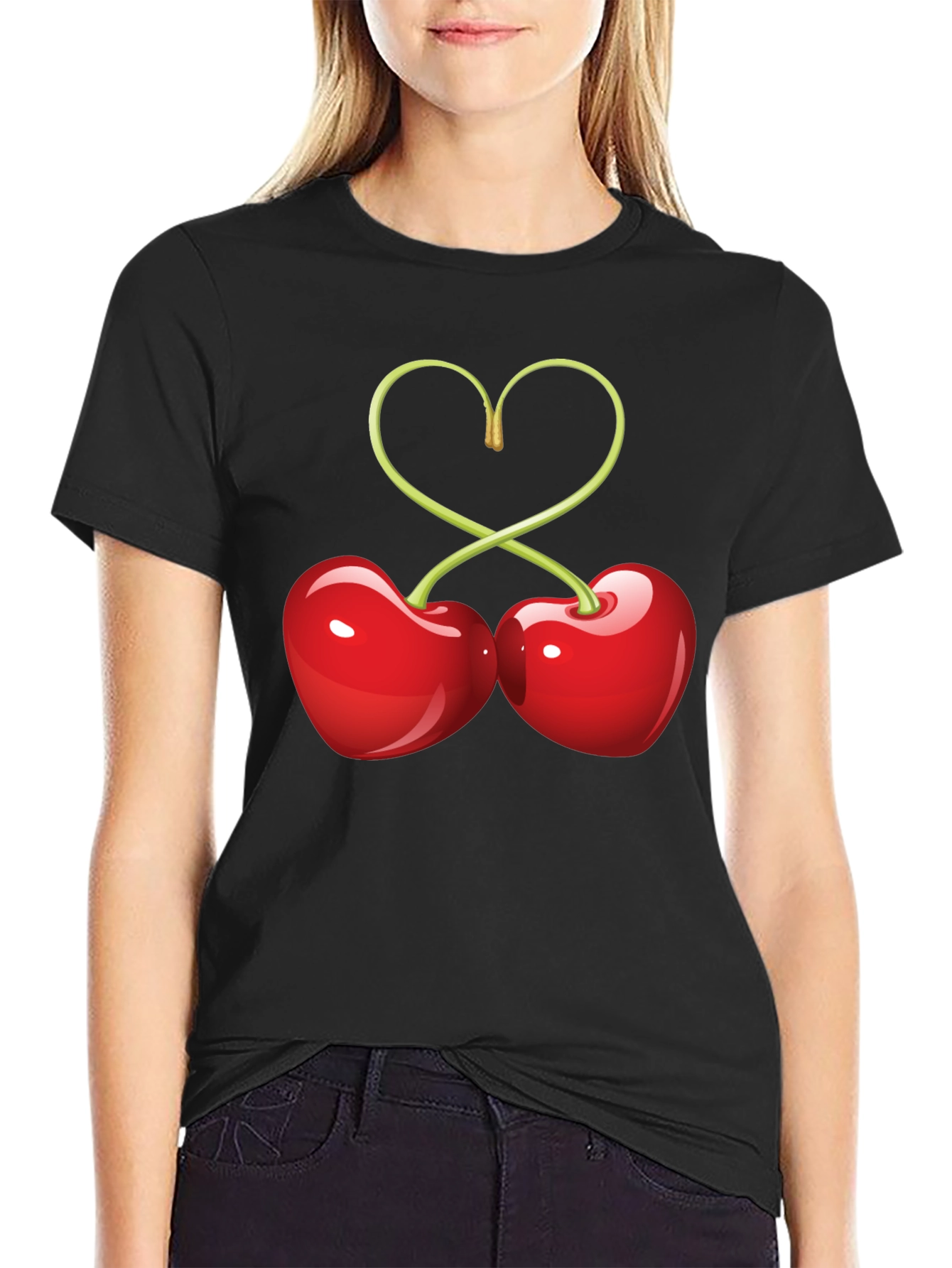 Heart Cherries Graphic Tee - Black Cotton T-Shirt