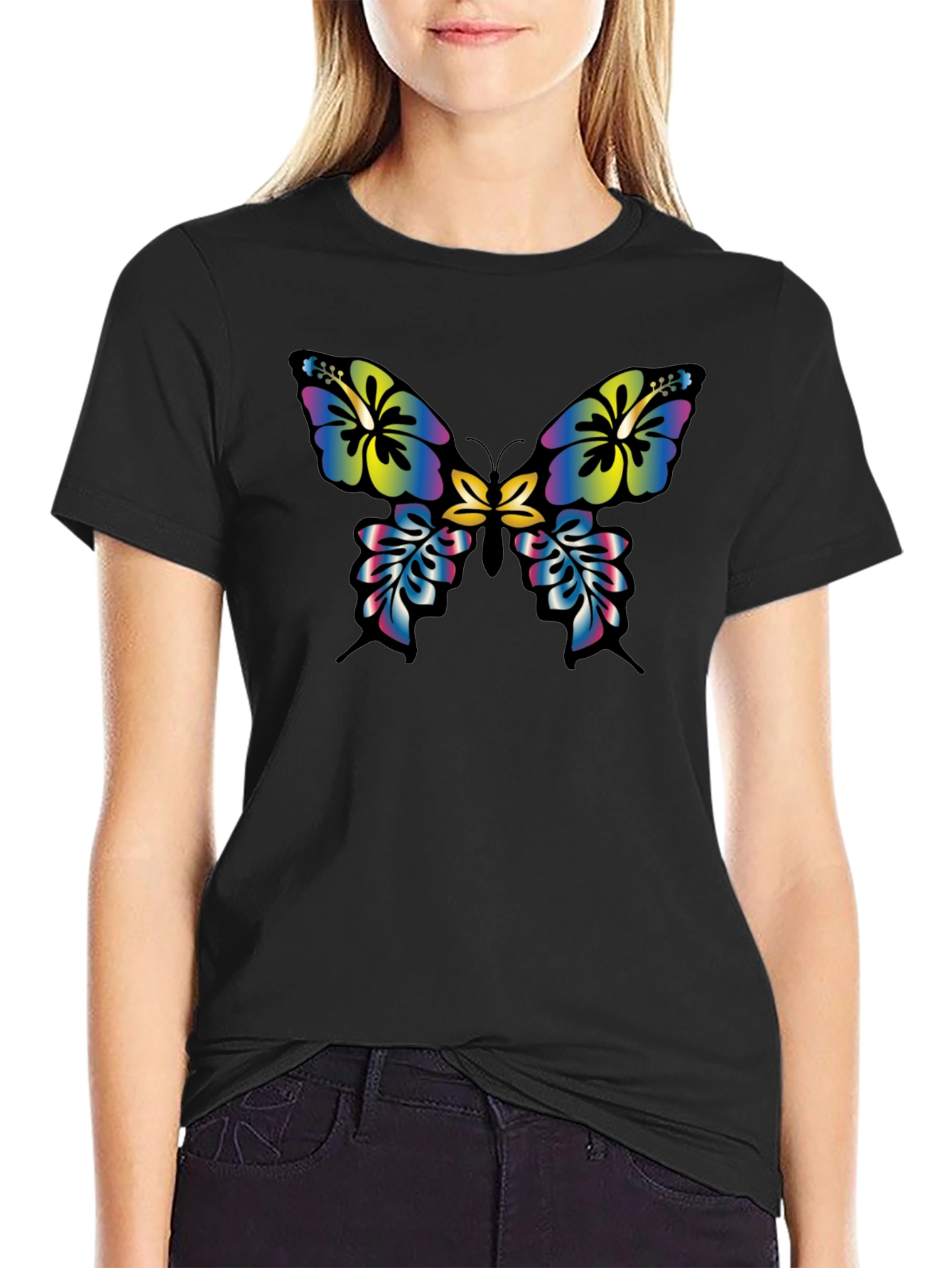 Floral Butterfly Graphic Tee - Casual Black T-Shirt
