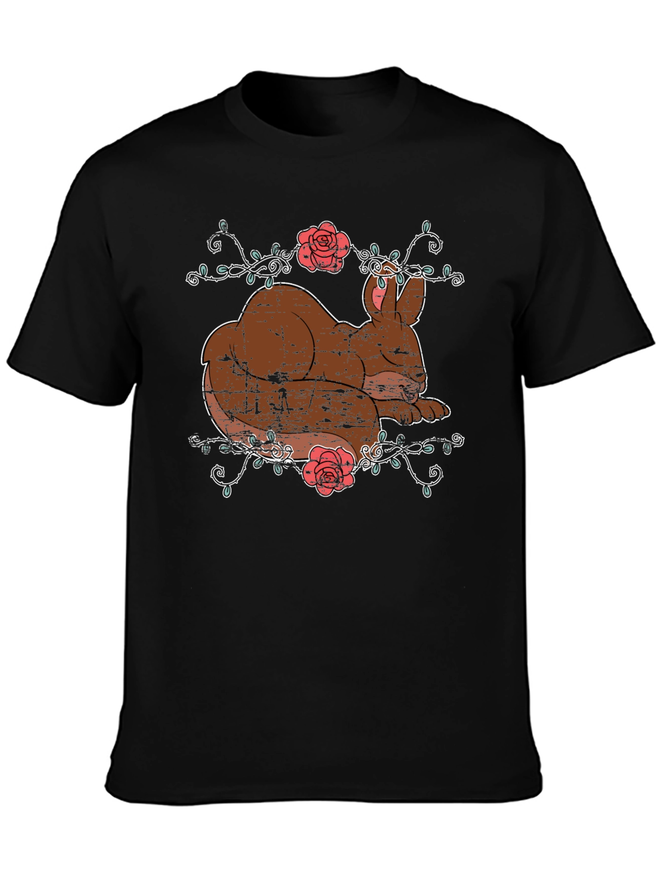 Cute Bunny & Roses Black T-Shirt