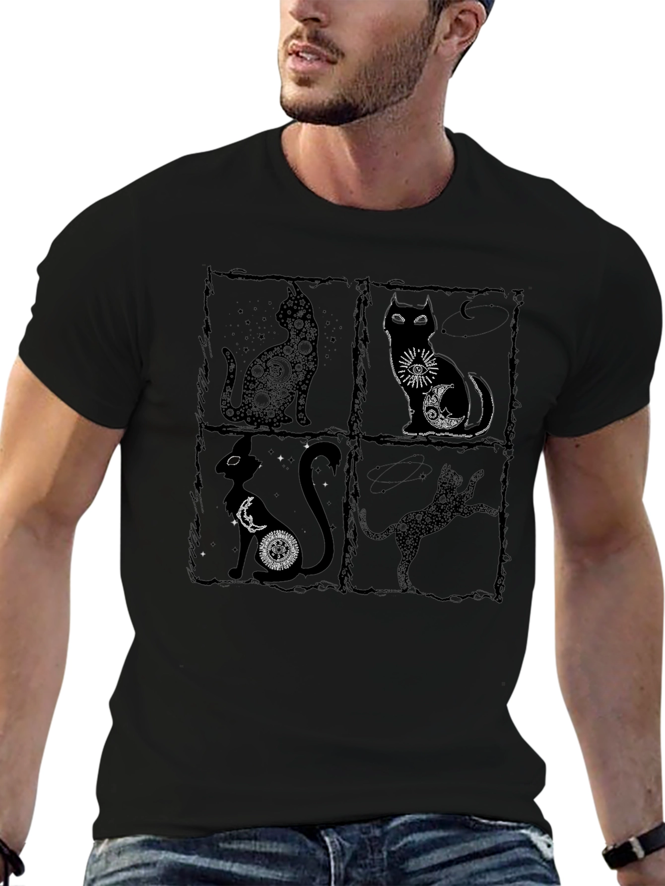Mystic Cats Black T-Shirt - Unique Celestial Cat Design