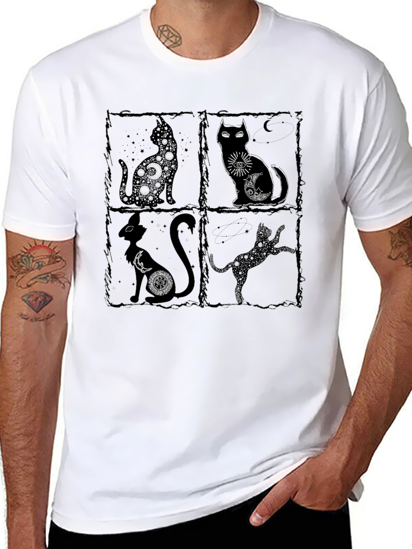 Mystic Cats Black T-Shirt - Unique Celestial Cat Design