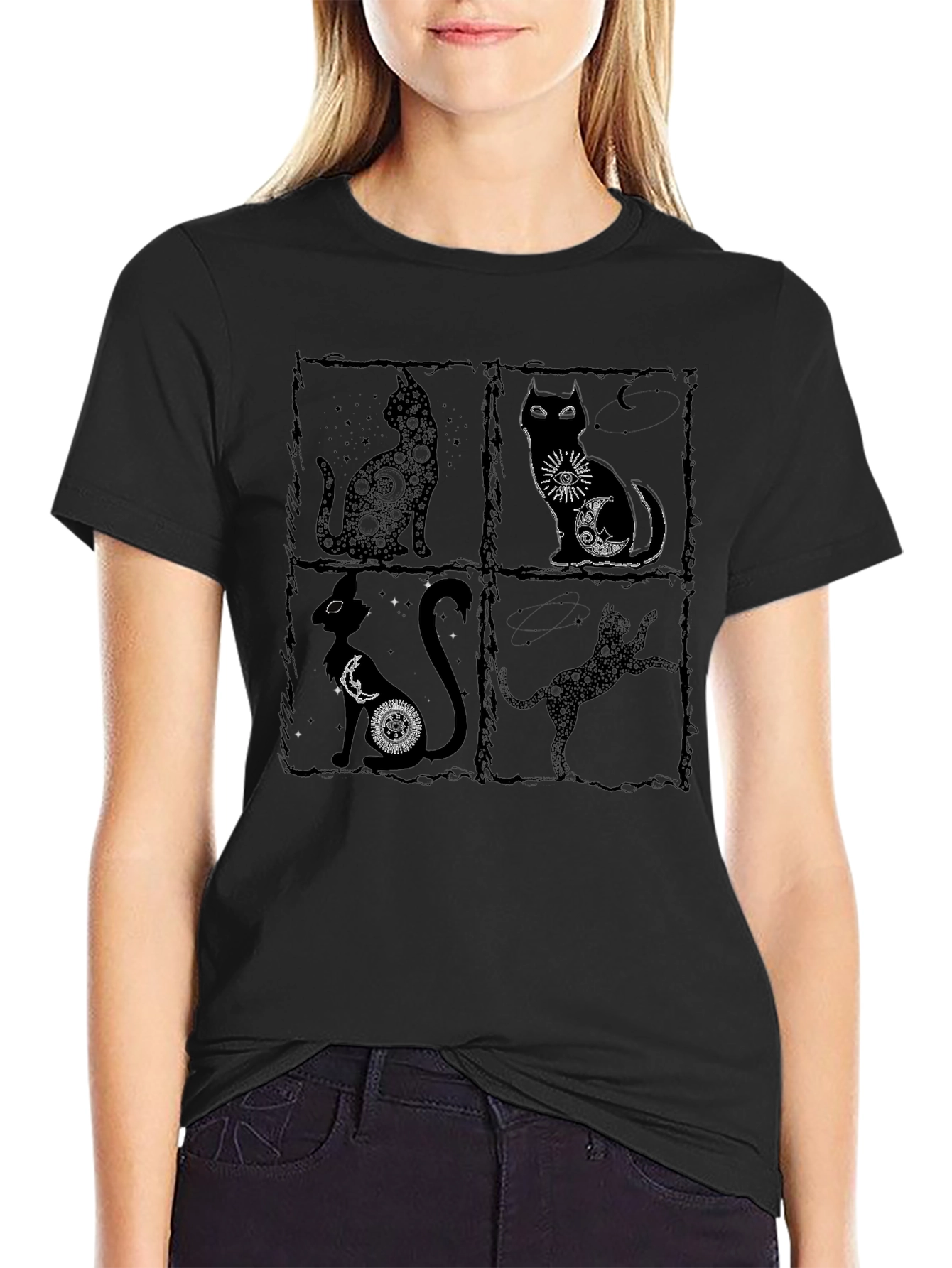 Mystic Cats Black T-Shirt - Unique Celestial Cat Design