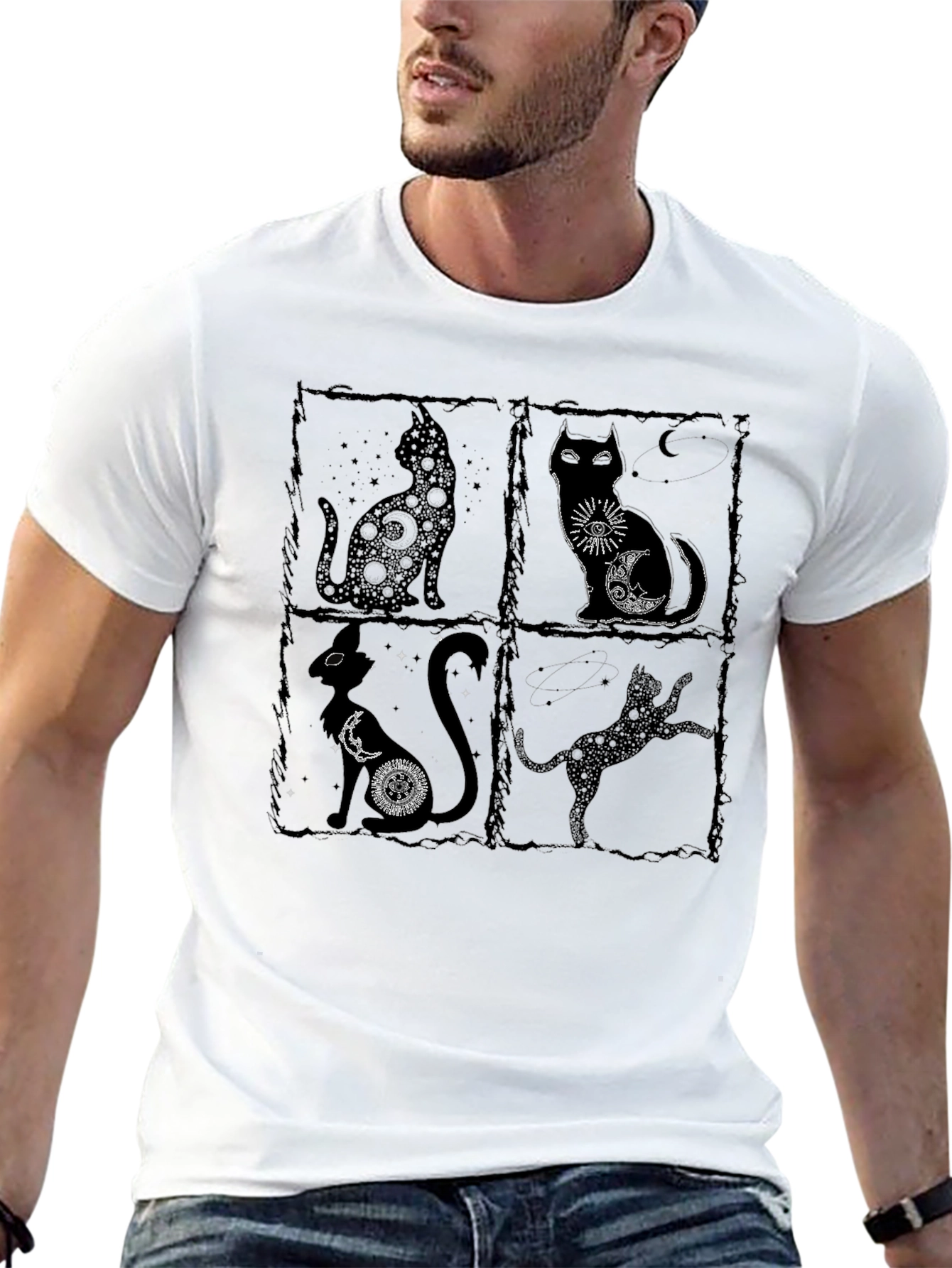 Mystic Cats Black T-Shirt - Unique Celestial Cat Design