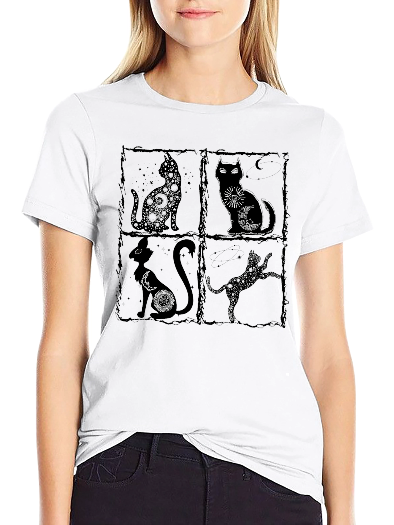 Mystic Cats Black T-Shirt - Unique Celestial Cat Design