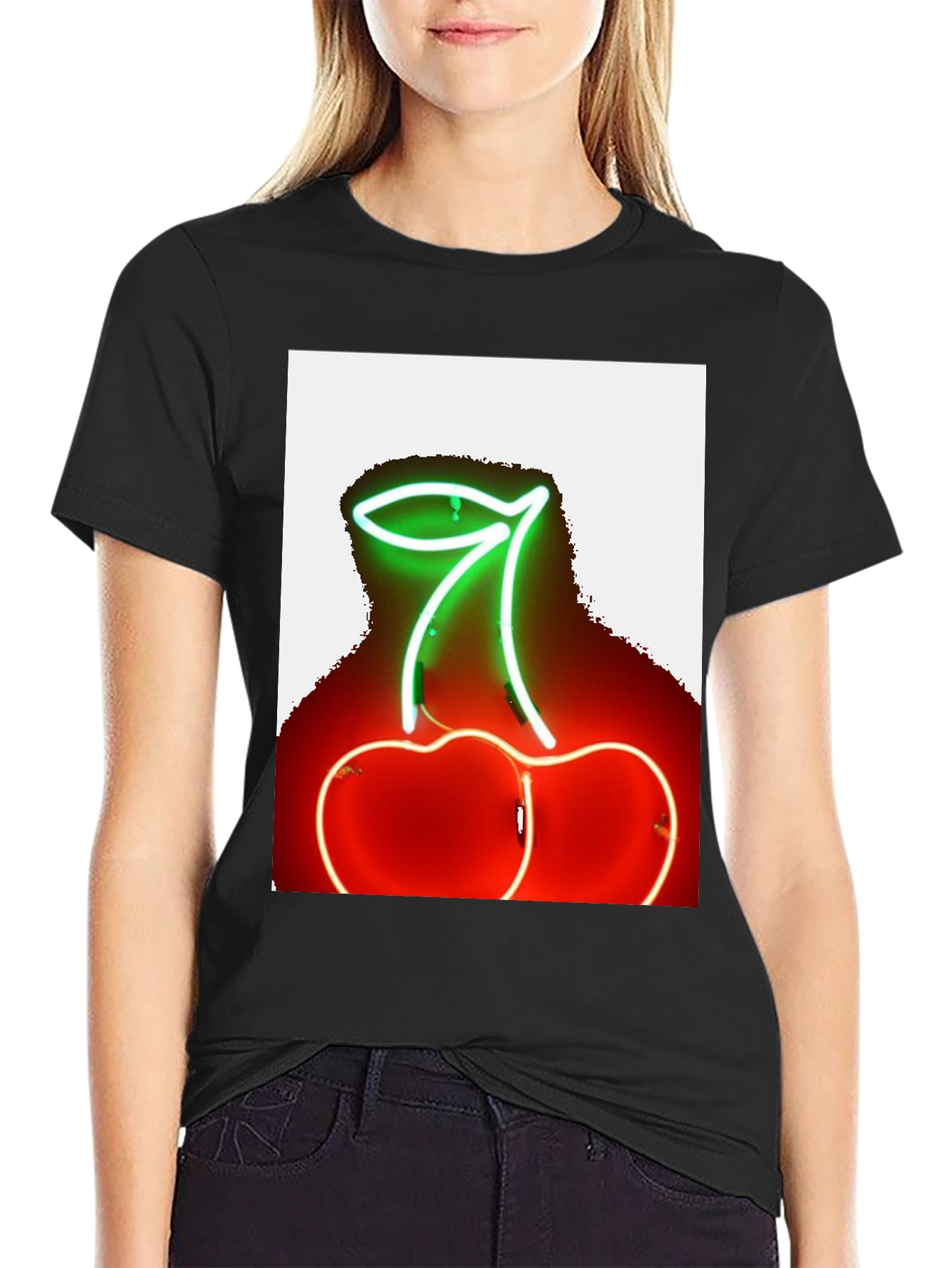 Neon Cherry Graphic Tee - Stylish Black T-Shirt