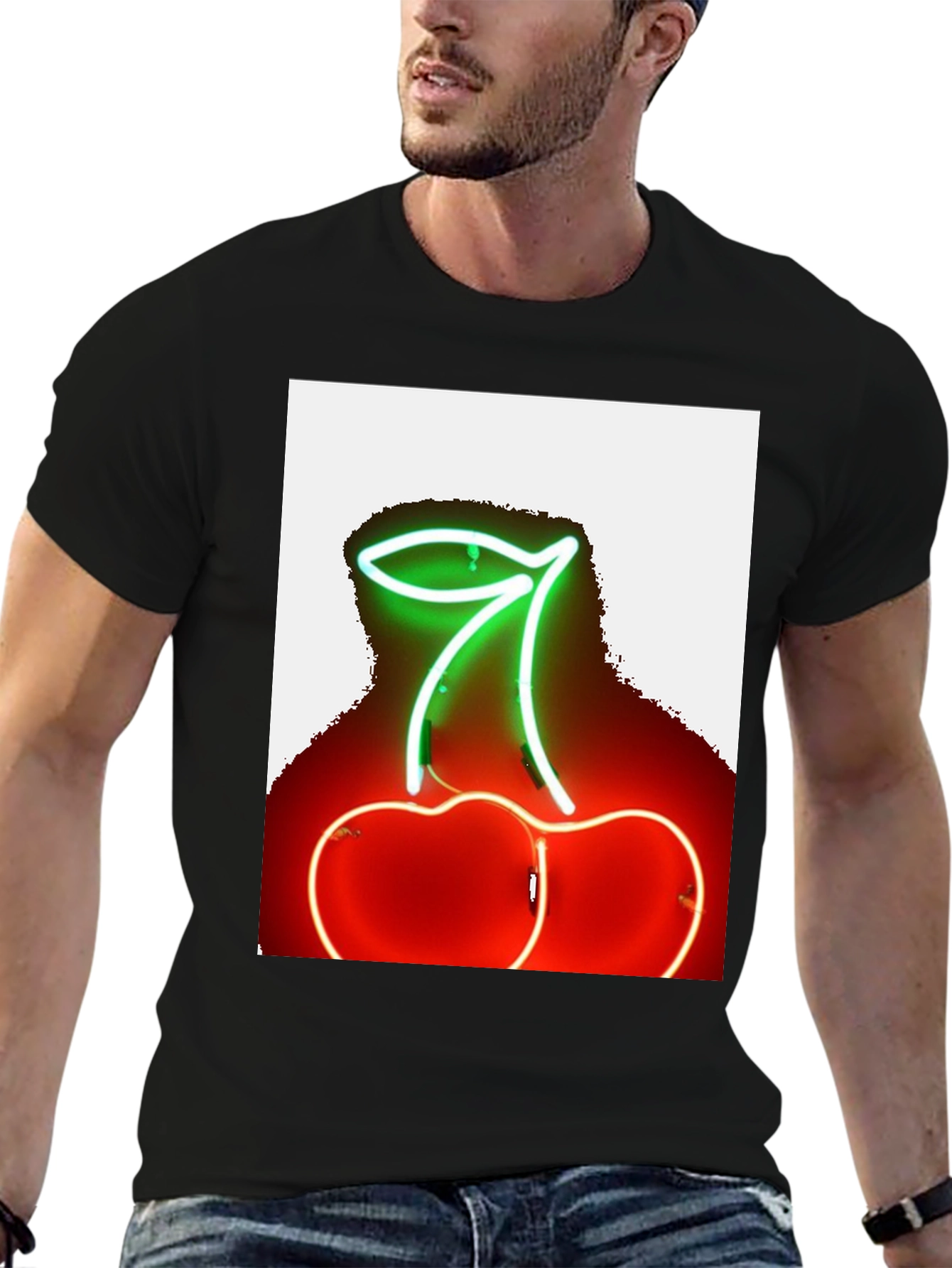 Neon Cherry Graphic Tee - Stylish Black T-Shirt