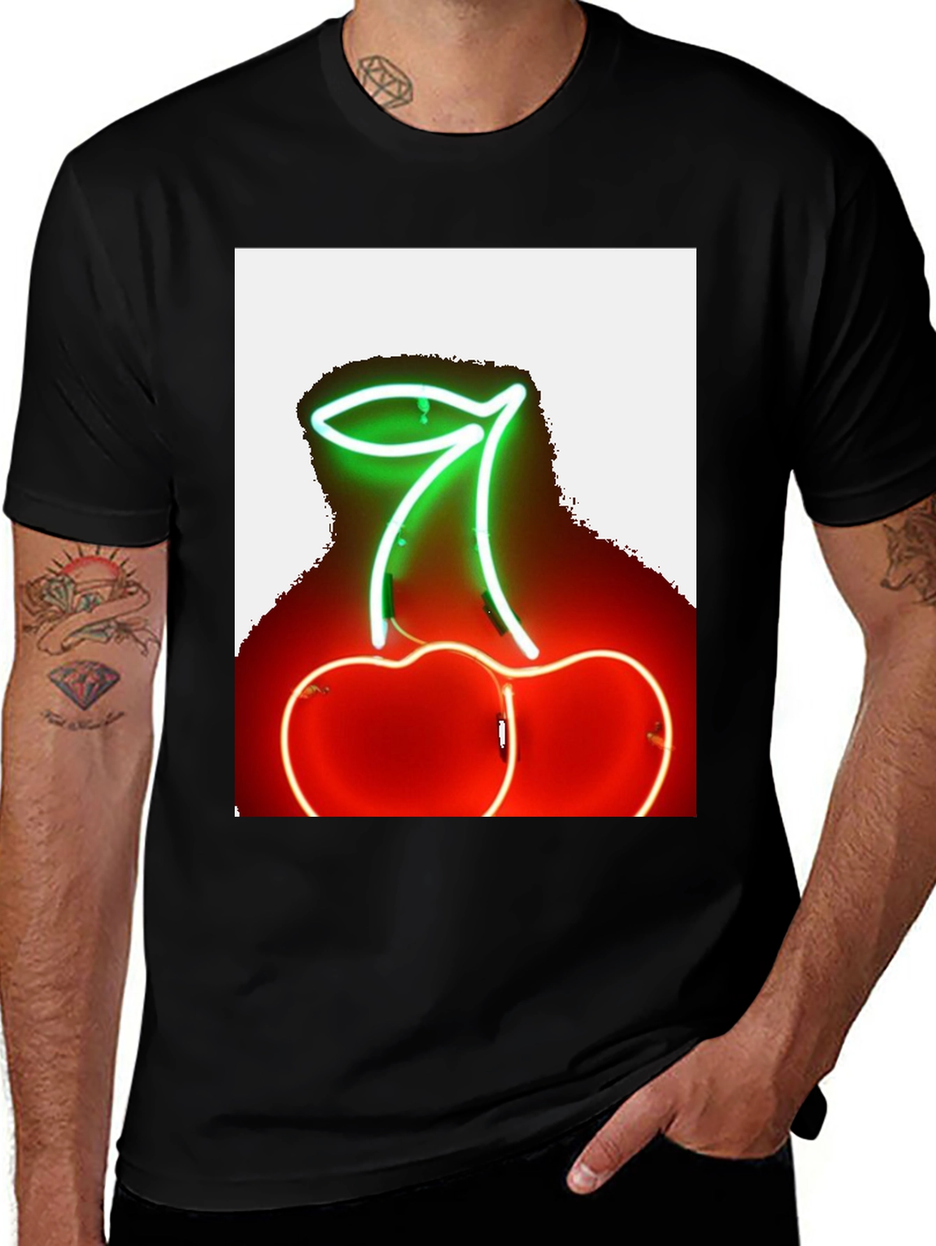 Neon Cherry Graphic Tee - Stylish Black T-Shirt