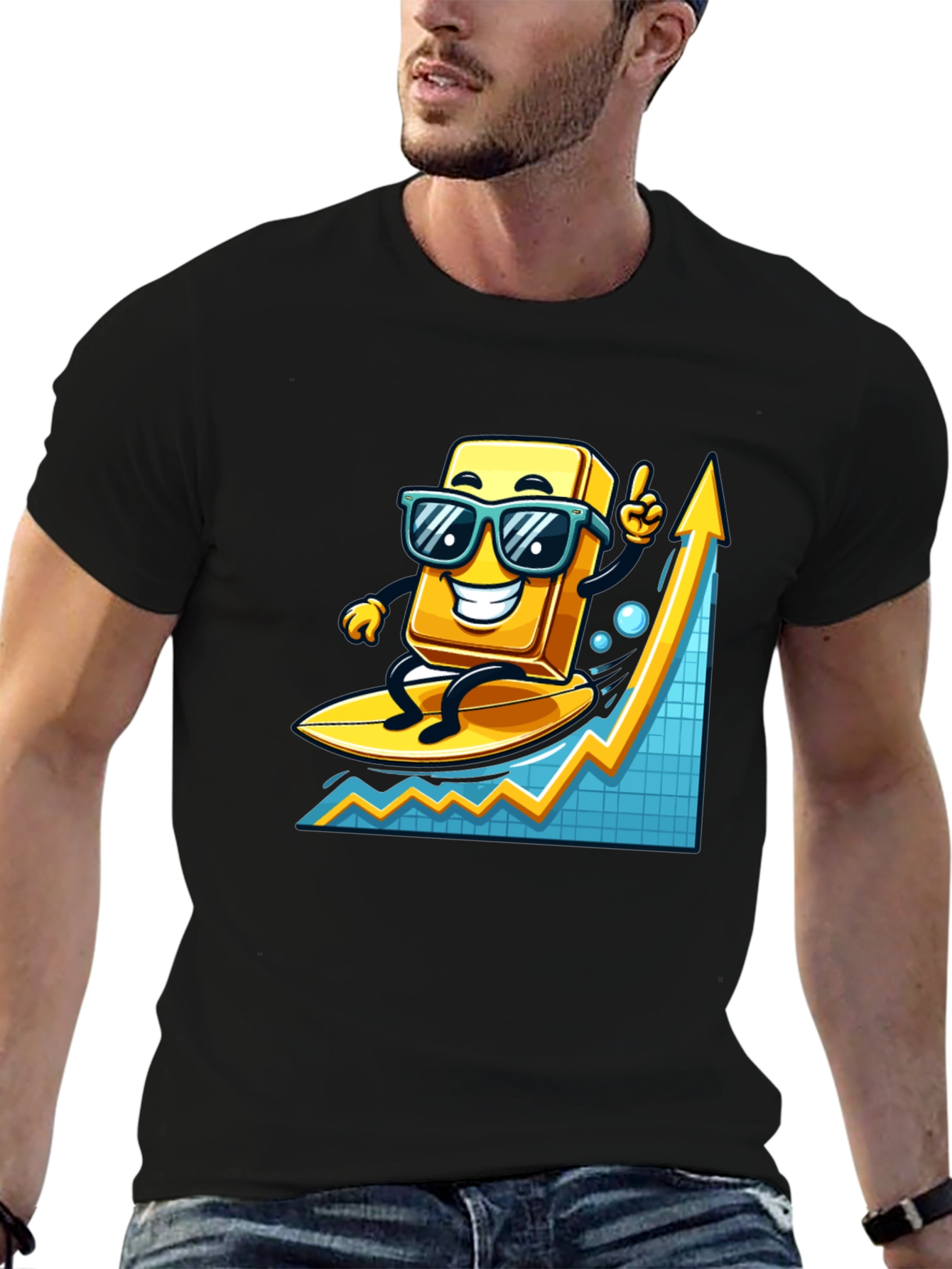 Surfing Gold Bull Graphic T-Shirt - Trendy Investment Tee