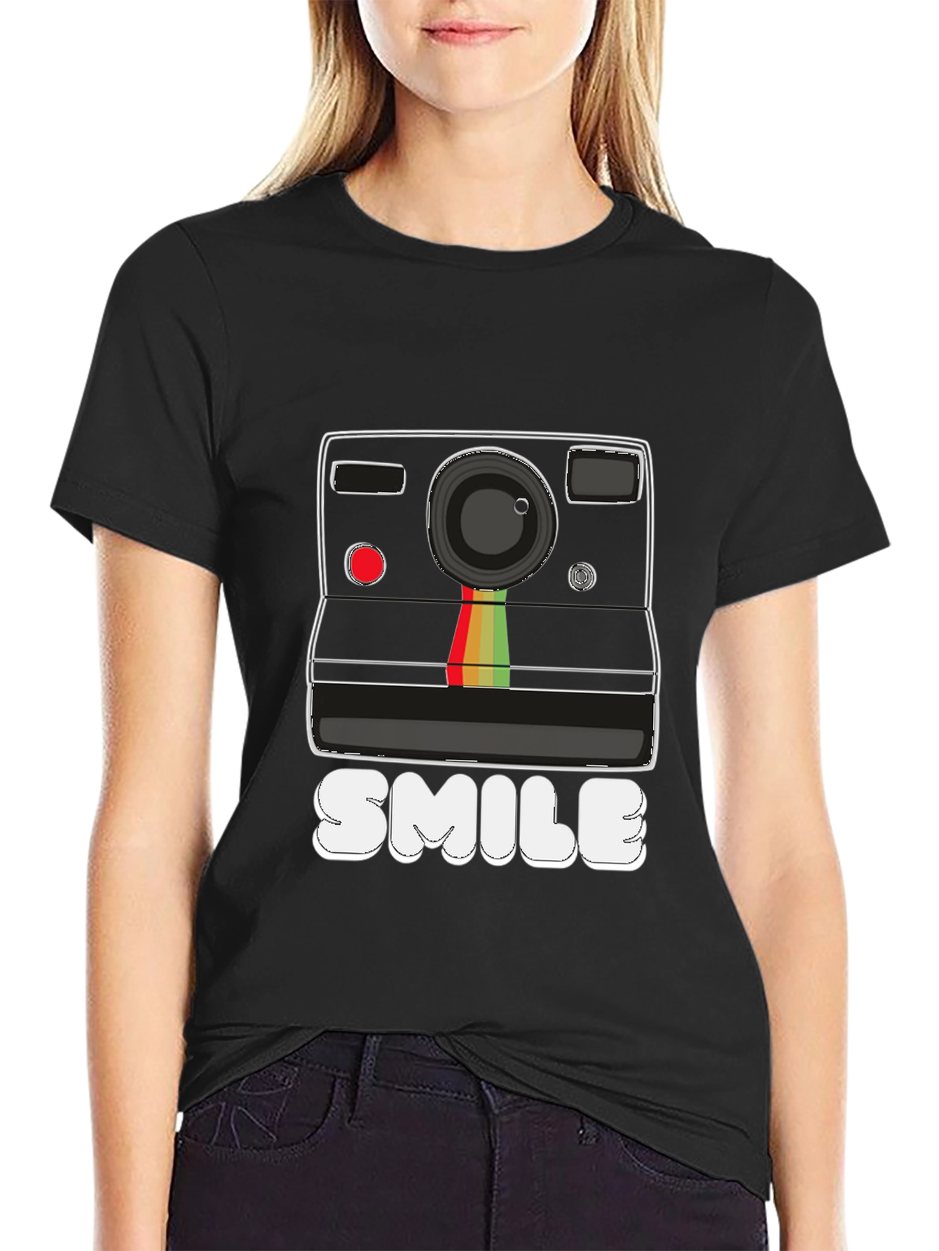 Retro Camera Smile Graphic Black T-Shirt