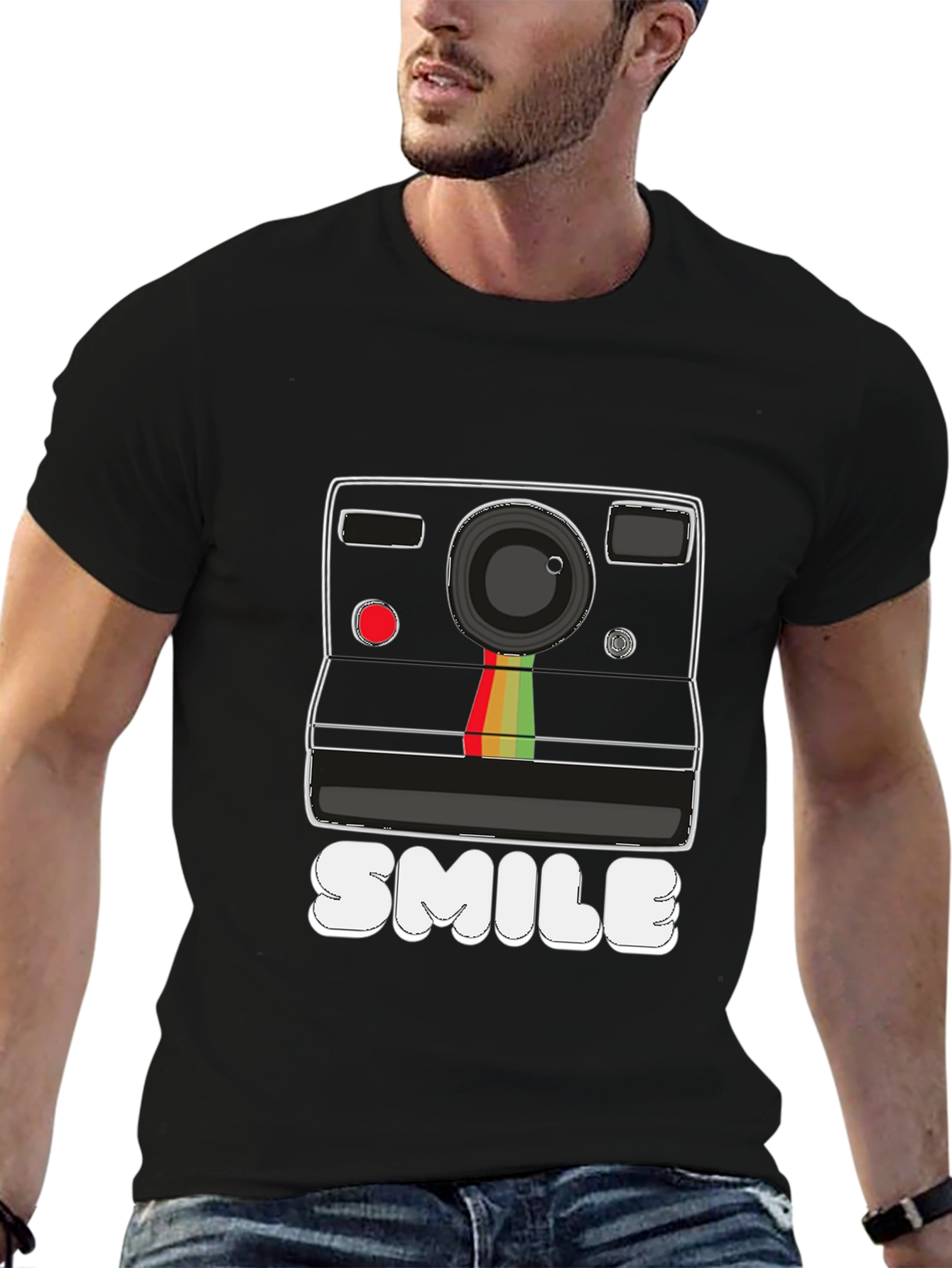 Retro Camera Smile Graphic Black T-Shirt