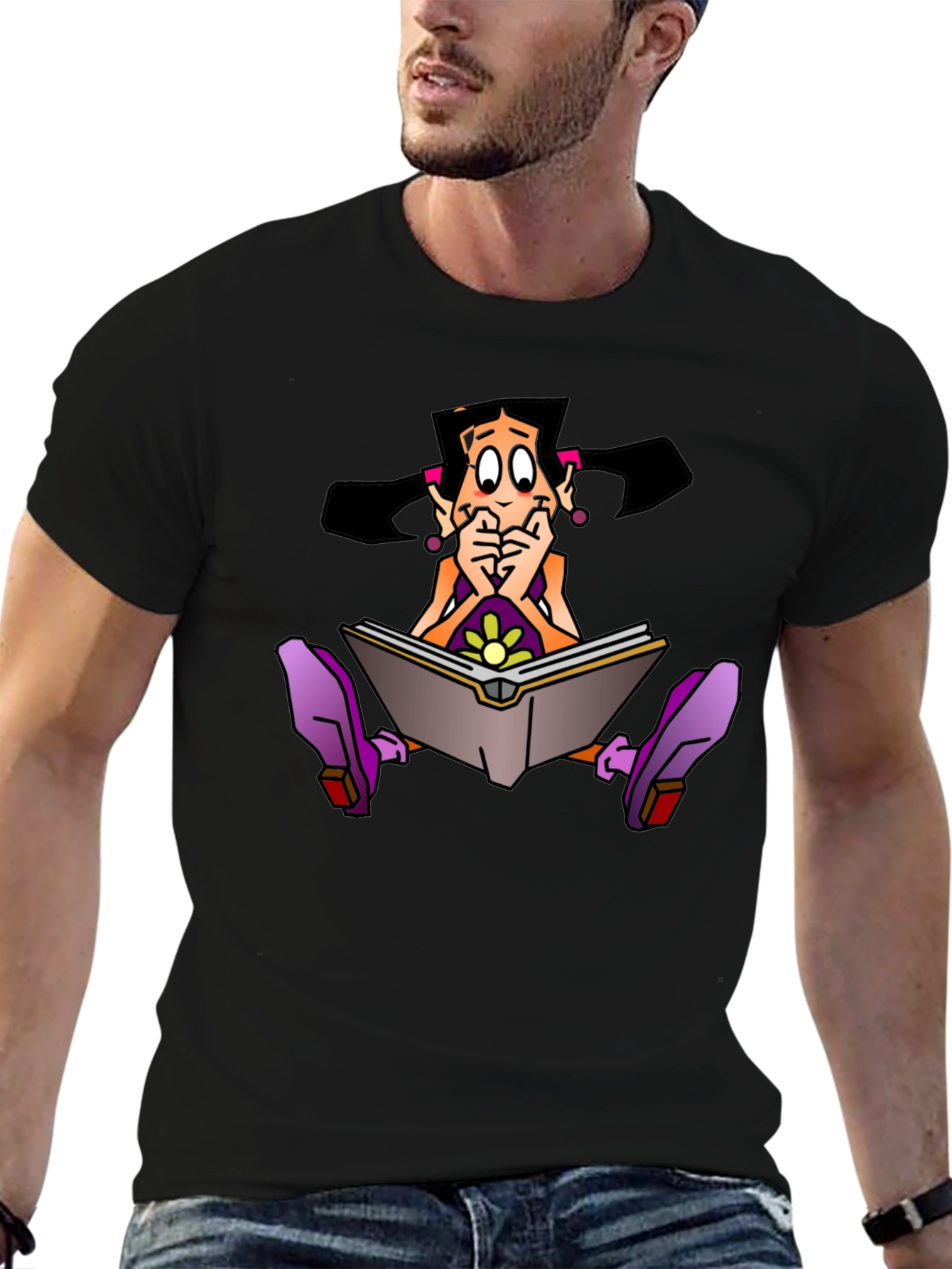 Cartoon Girl Reading Book Graphic Black T-Shirt