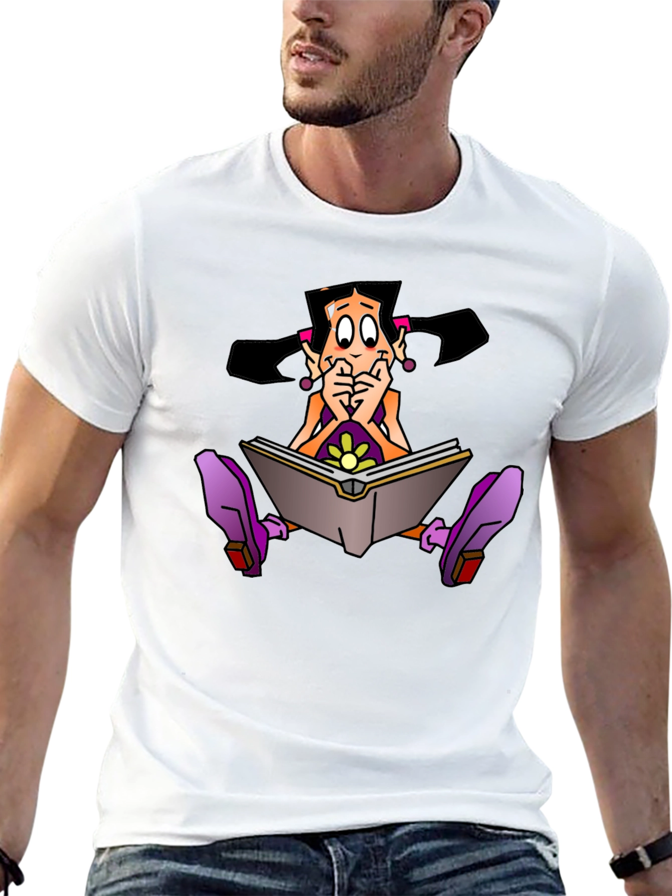Cartoon Girl Reading Book Graphic Black T-Shirt