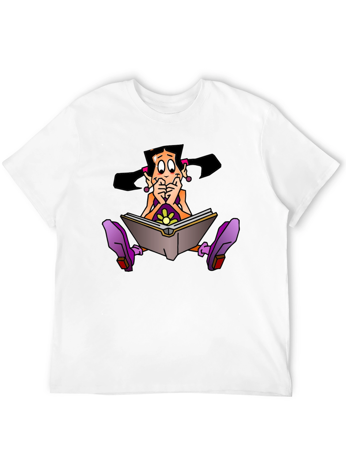 Cartoon Girl Reading Book Graphic Black T-Shirt