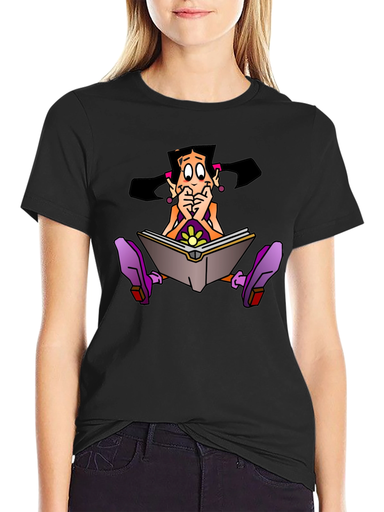Cartoon Girl Reading Book Graphic Black T-Shirt