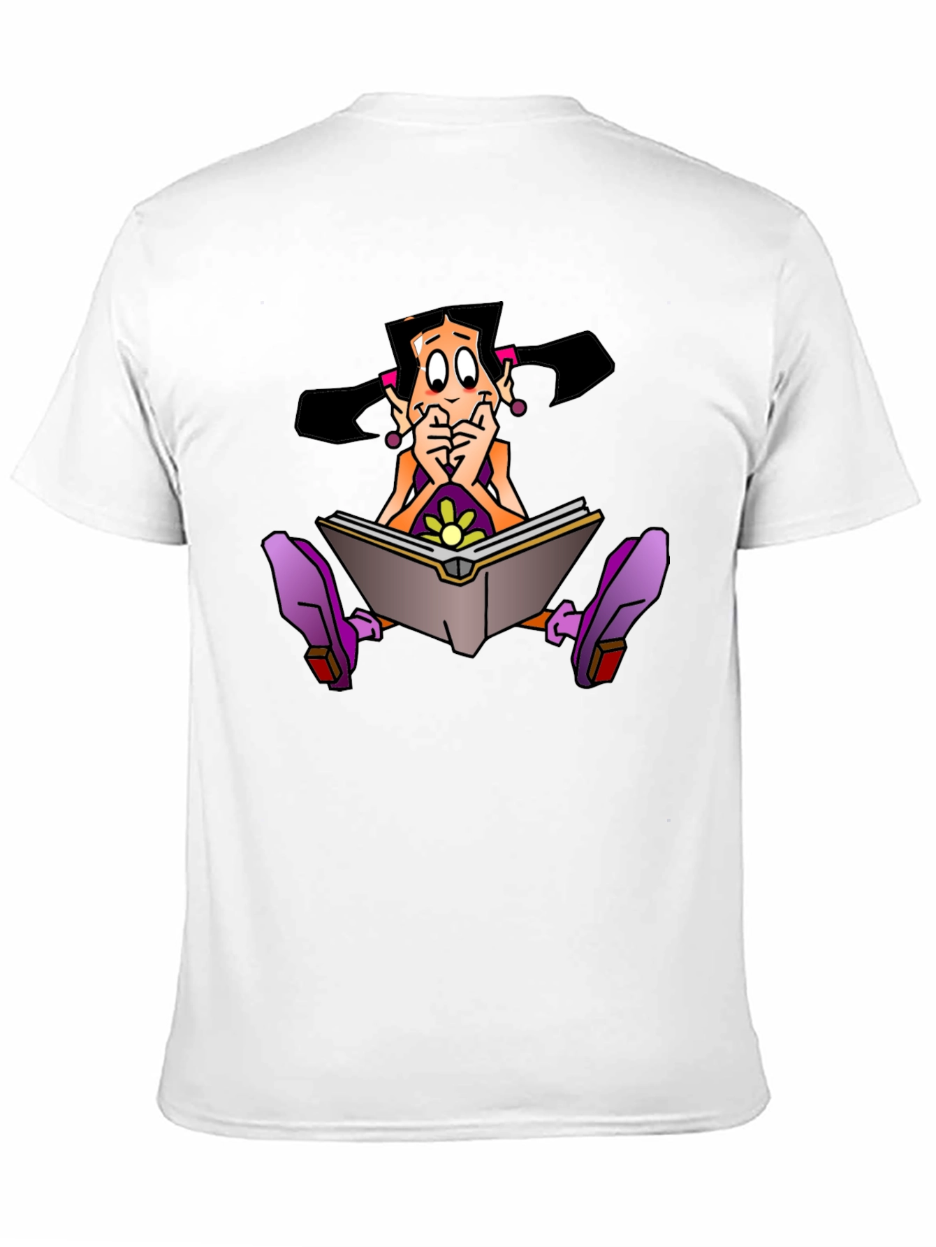Cartoon Girl Reading Book Graphic Black T-Shirt