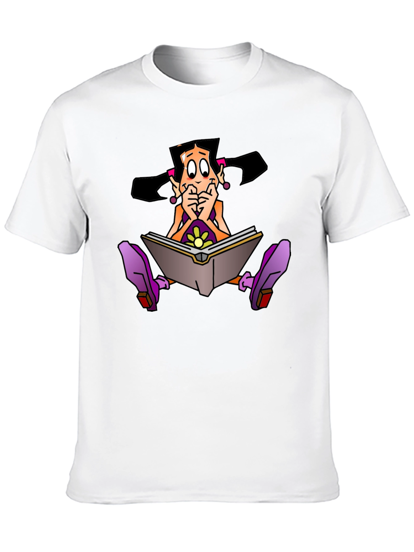 Cartoon Girl Reading Book Graphic Black T-Shirt