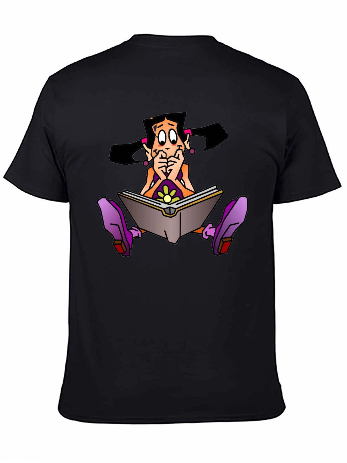 Cartoon Girl Reading Book Graphic Black T-Shirt