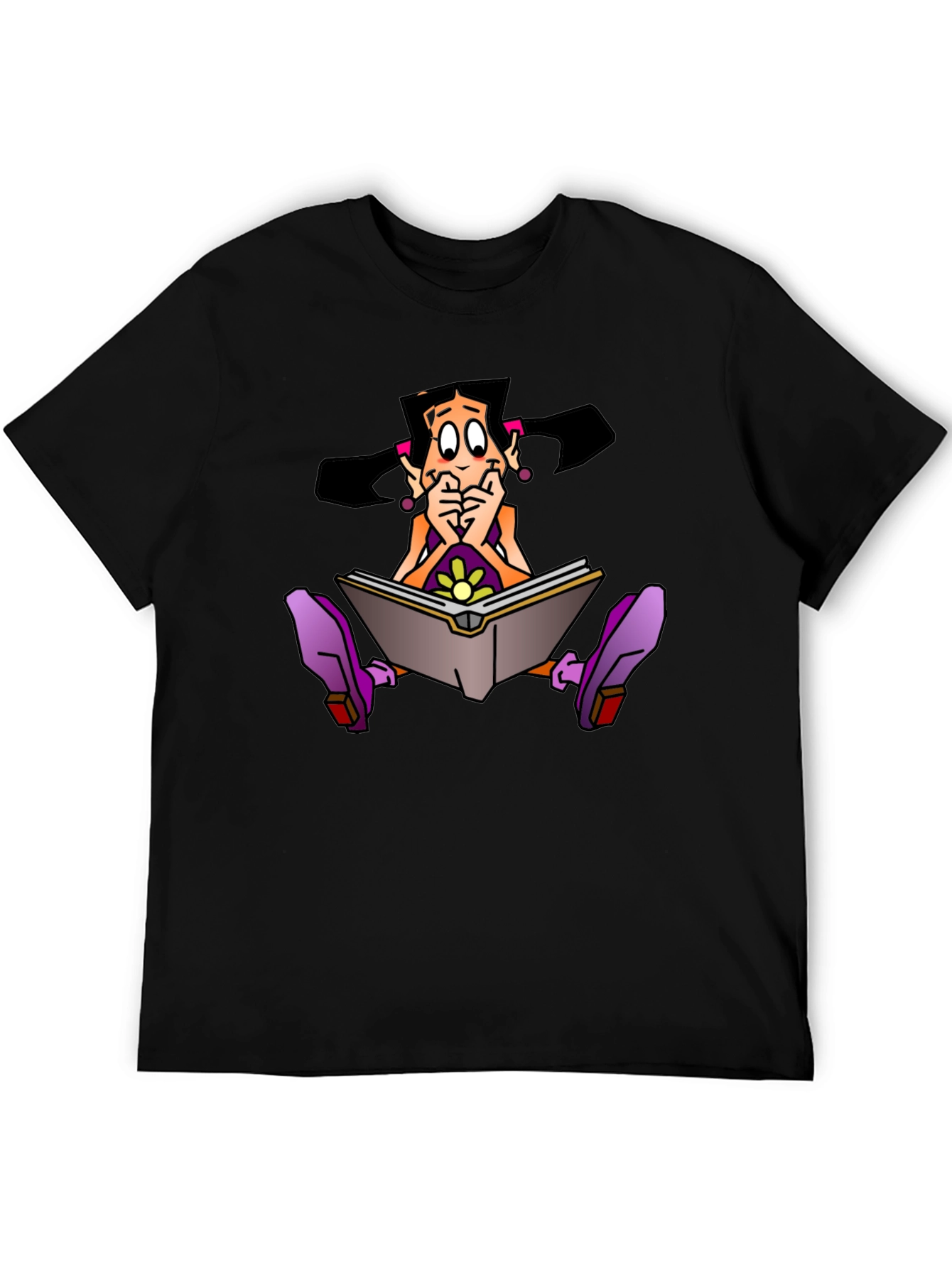 Cartoon Girl Reading Book Graphic Black T-Shirt