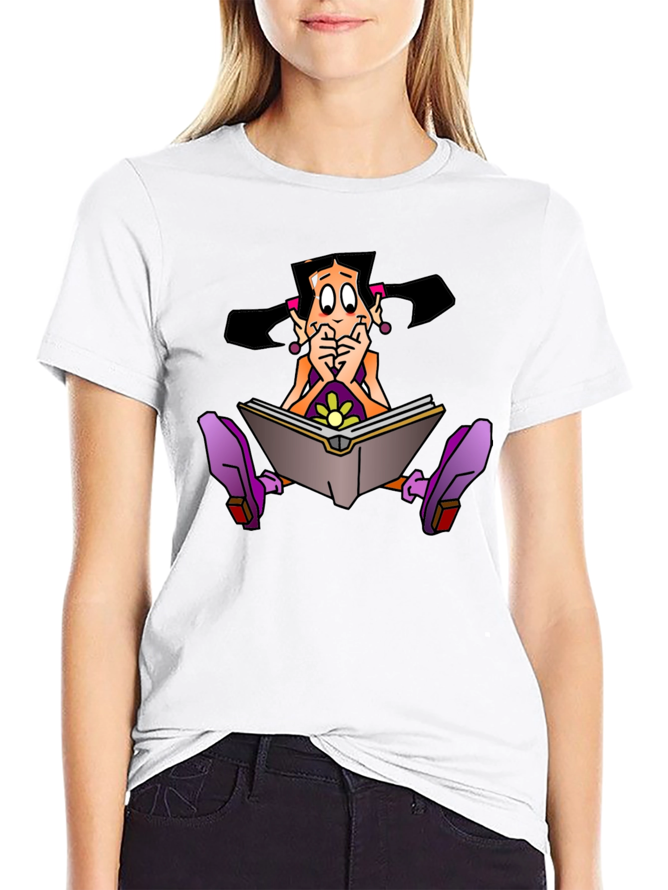 Cartoon Girl Reading Book Graphic Black T-Shirt