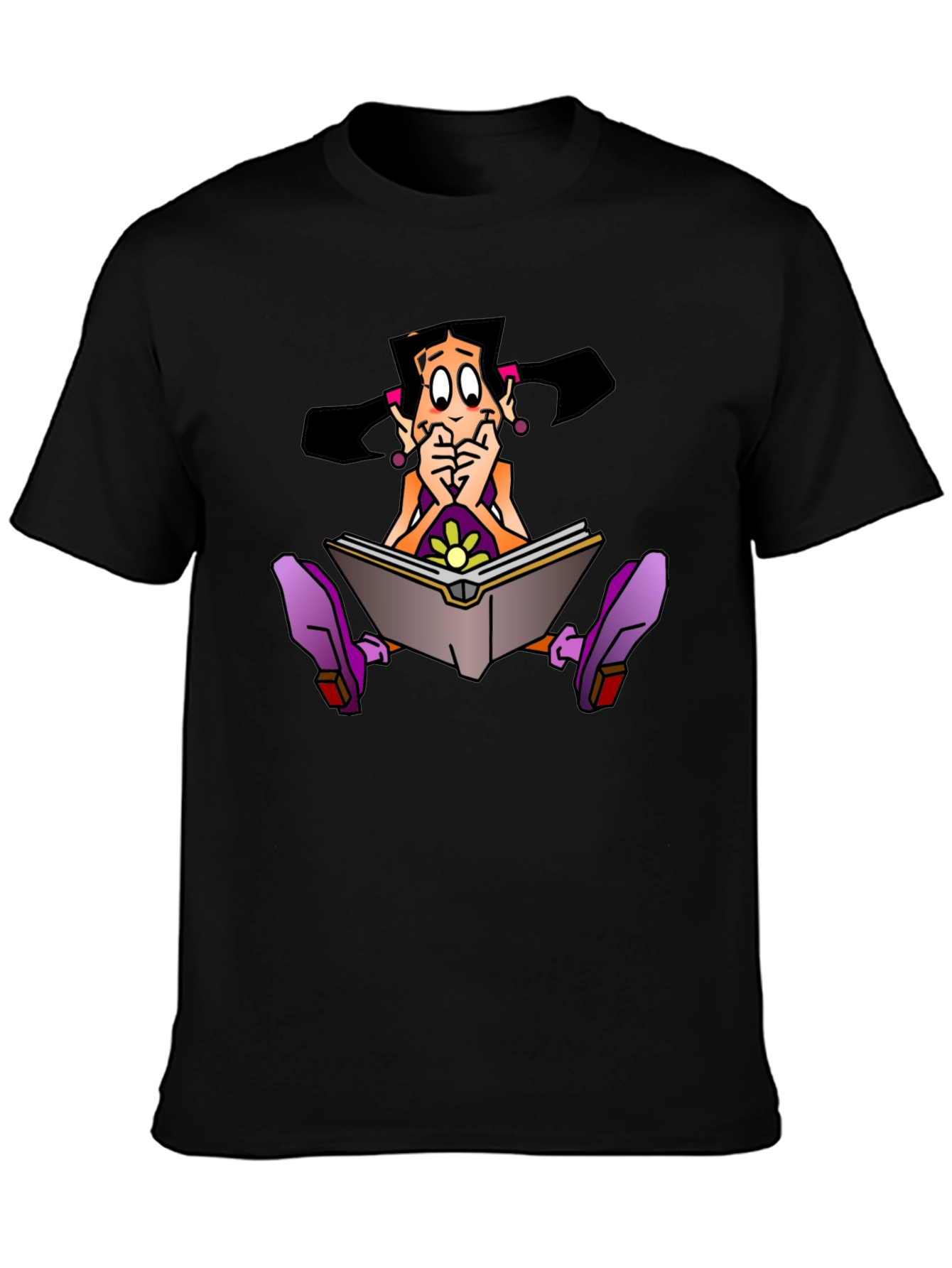 Cartoon Girl Reading Book Graphic Black T-Shirt