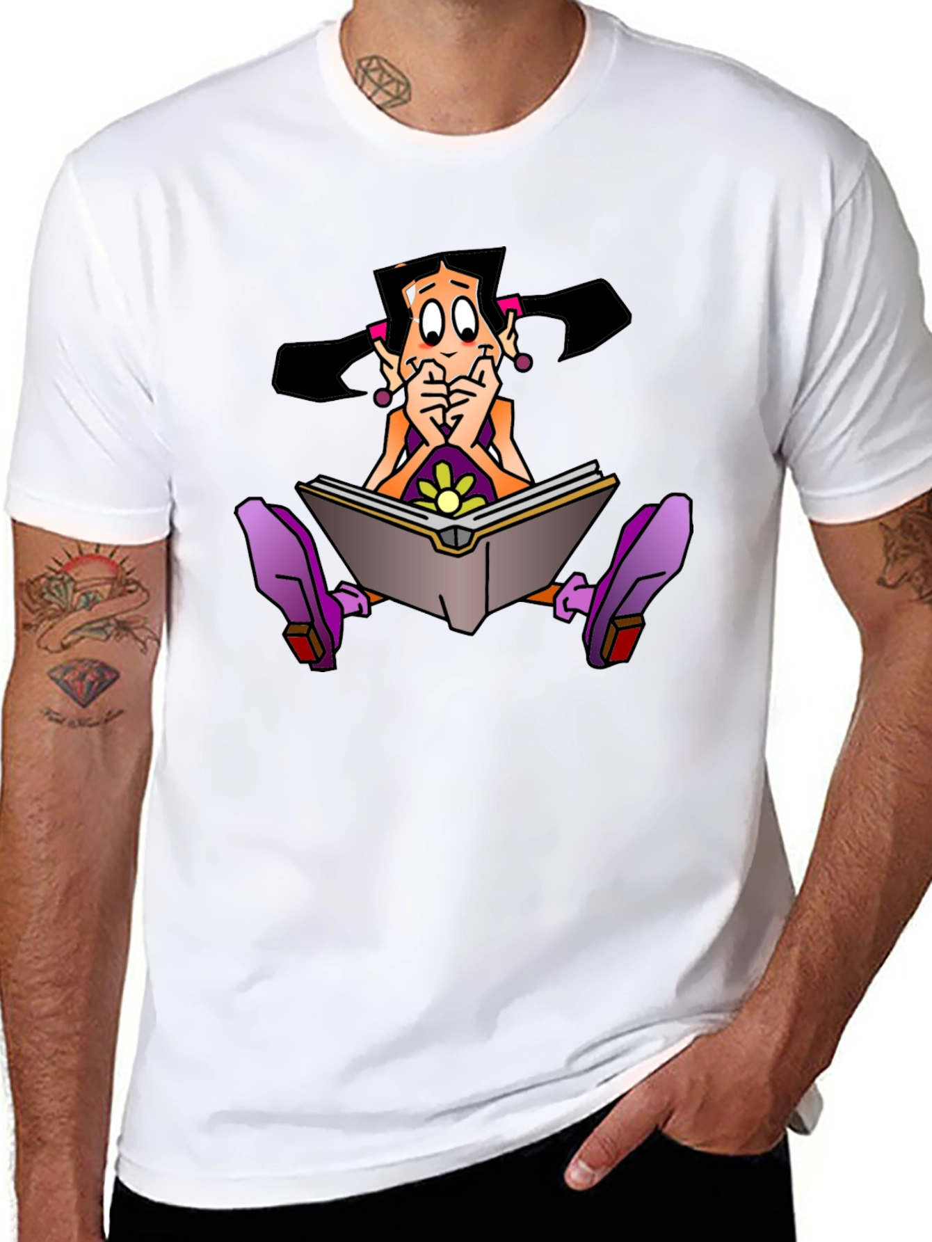 Cartoon Girl Reading Book Graphic Black T-Shirt