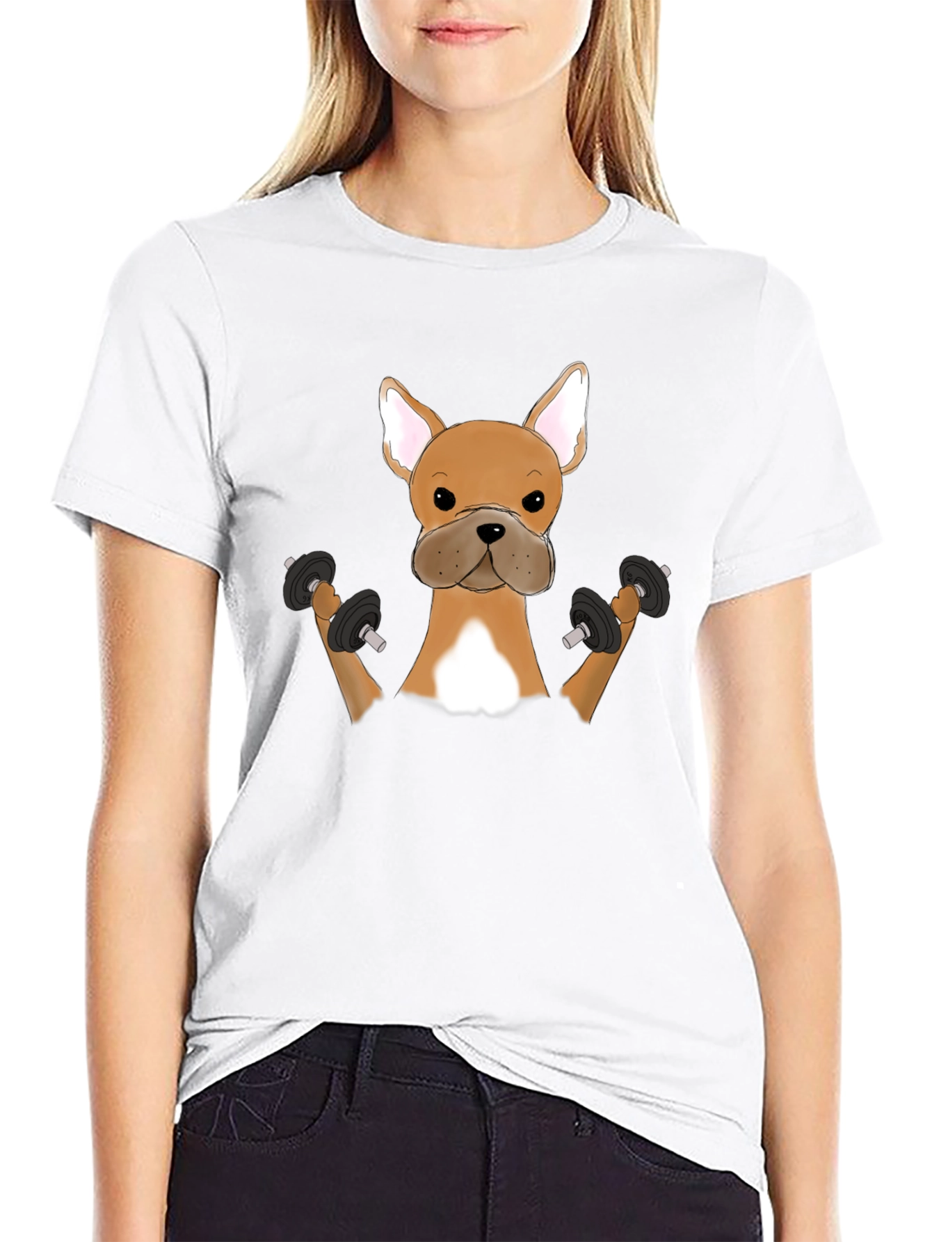 Funny Bulldog Lifting Weights Graphic T-Shirt