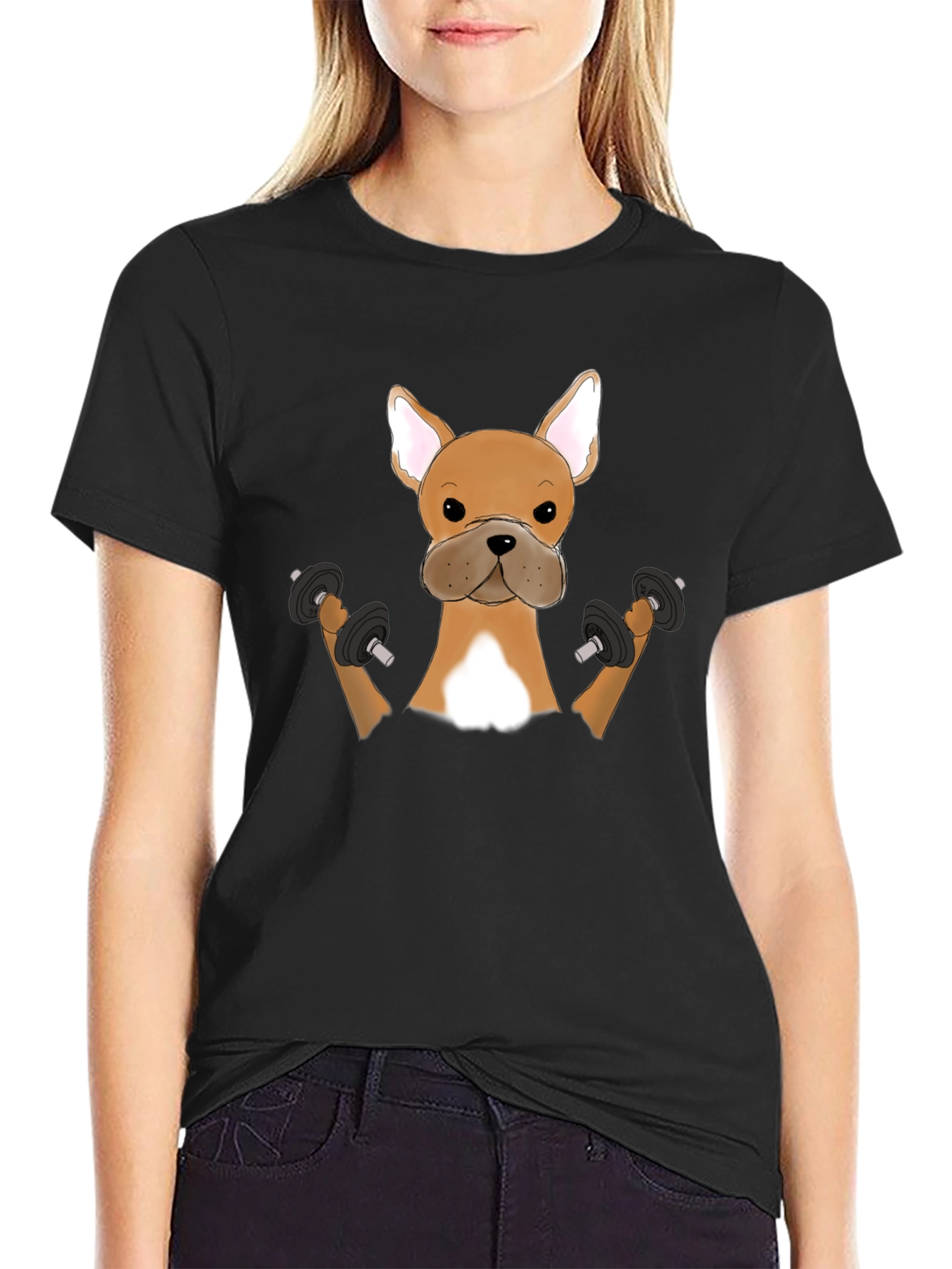 Funny Bulldog Lifting Weights Graphic T-Shirt
