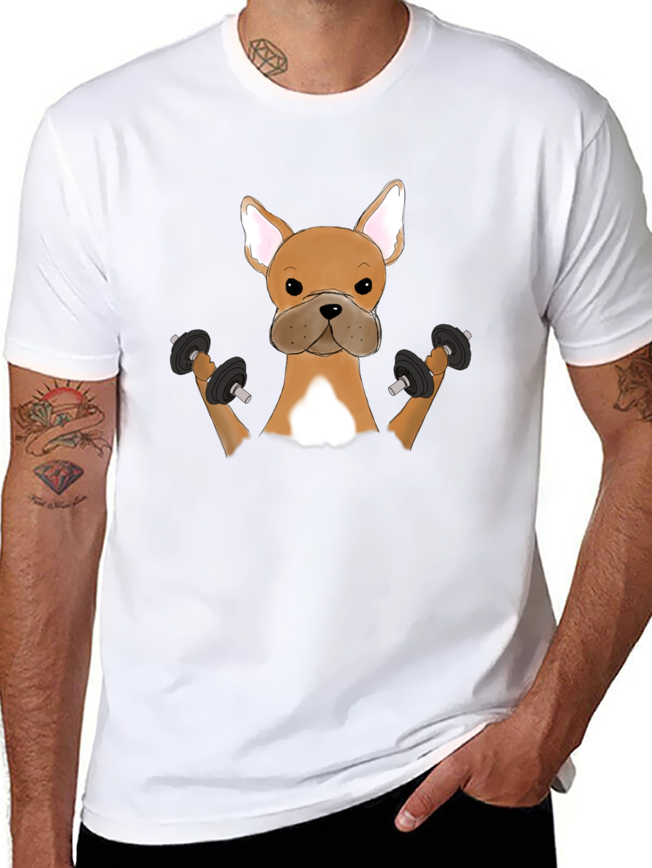 Funny Bulldog Lifting Weights Graphic T-Shirt