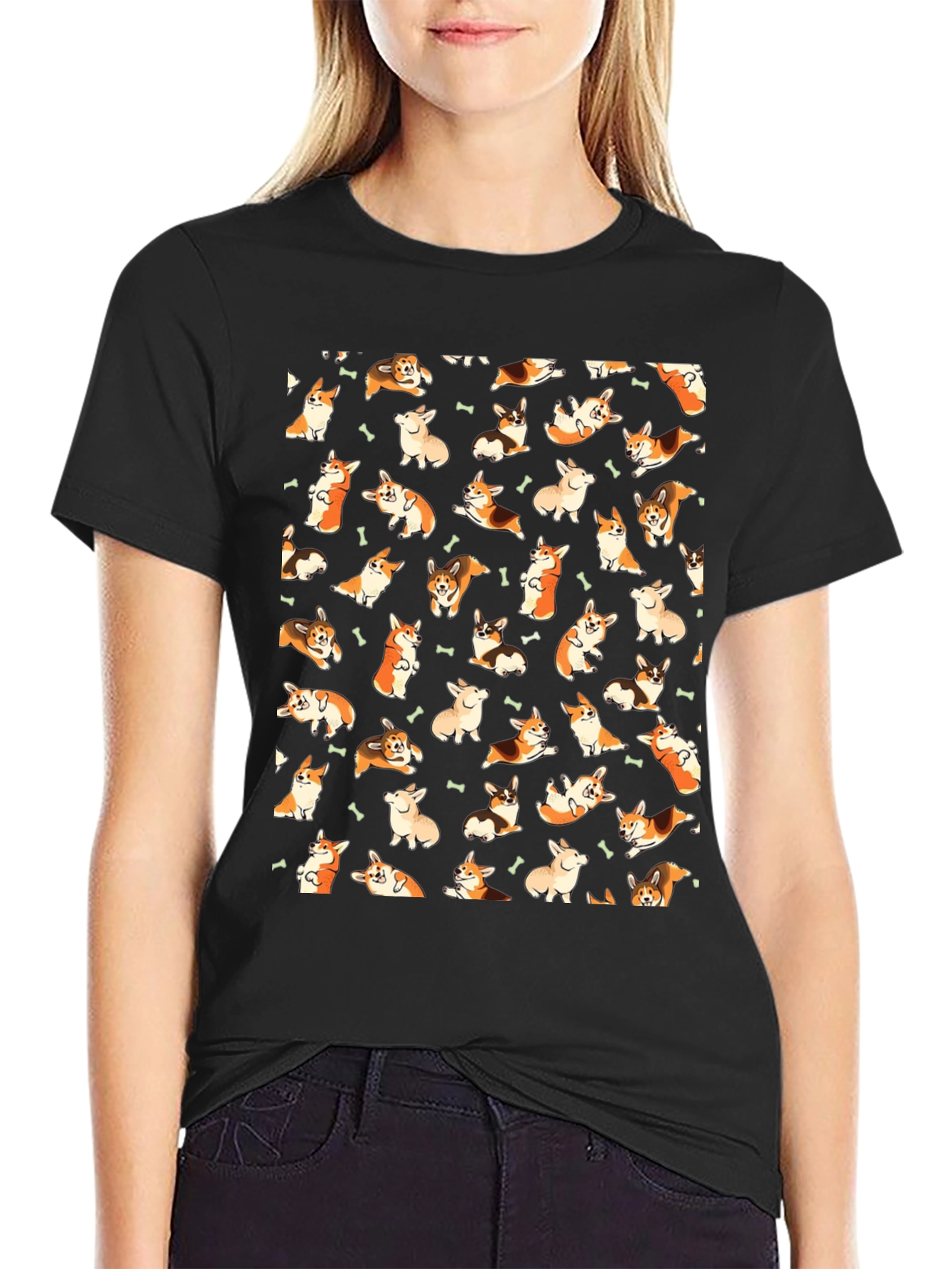 Corgi Print Black T-Shirt